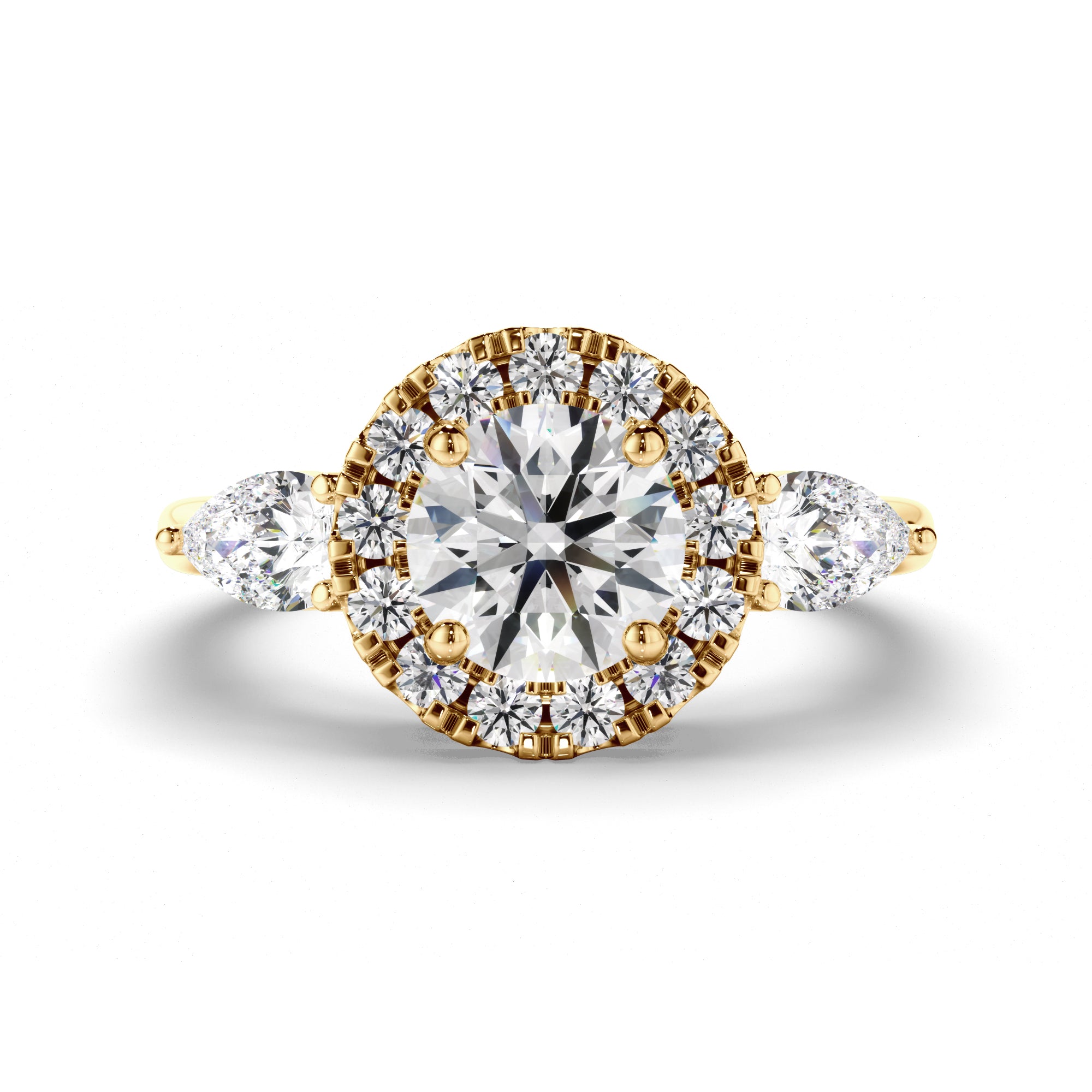 Livia - Round Brilliant Cut Diamond Halo Trilogy Engagement Ring with Pear Sides
