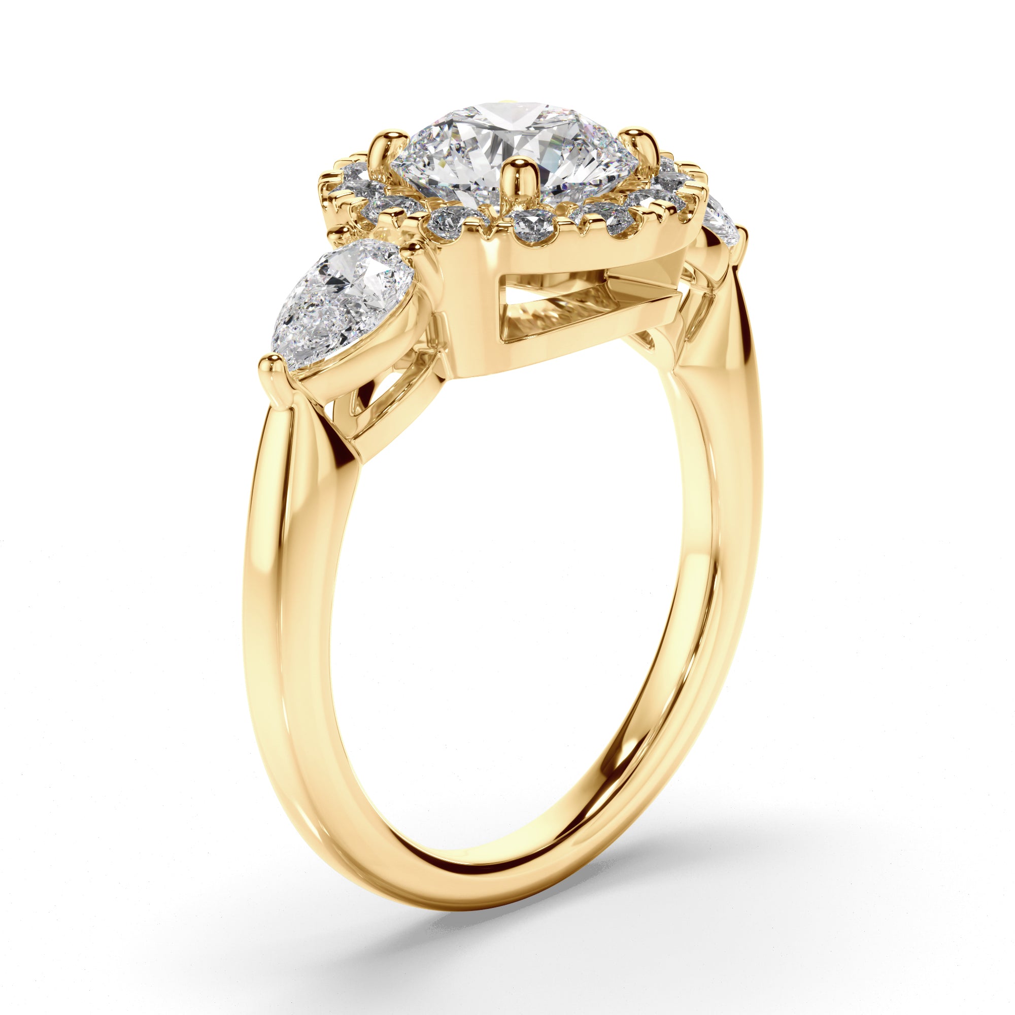 Livia - Round Brilliant Cut Diamond Halo Trilogy Engagement Ring with Pear Sides