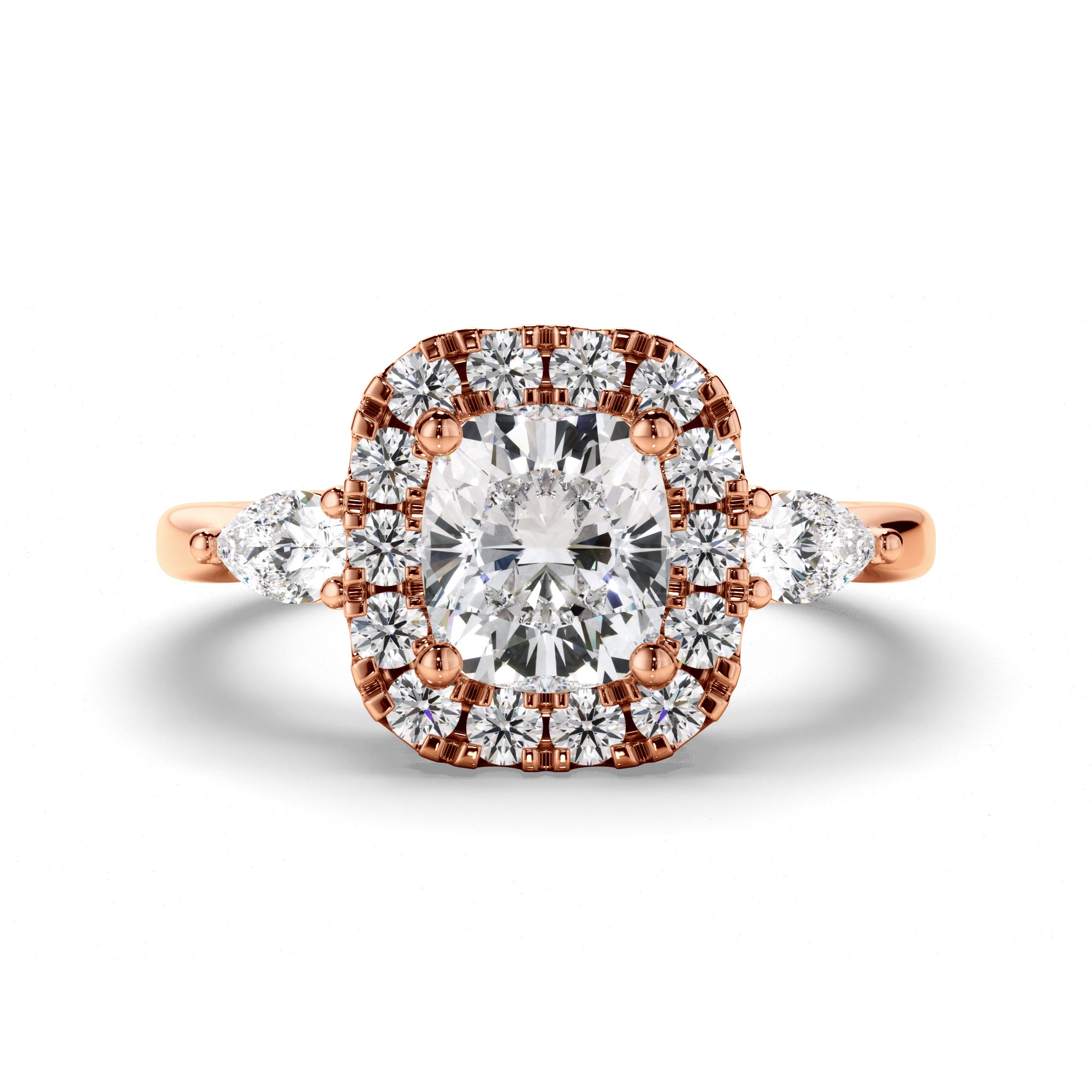 Charlotte - Cushion Cut Diamond Halo Trilogy Engagement Ring with Pear Sides