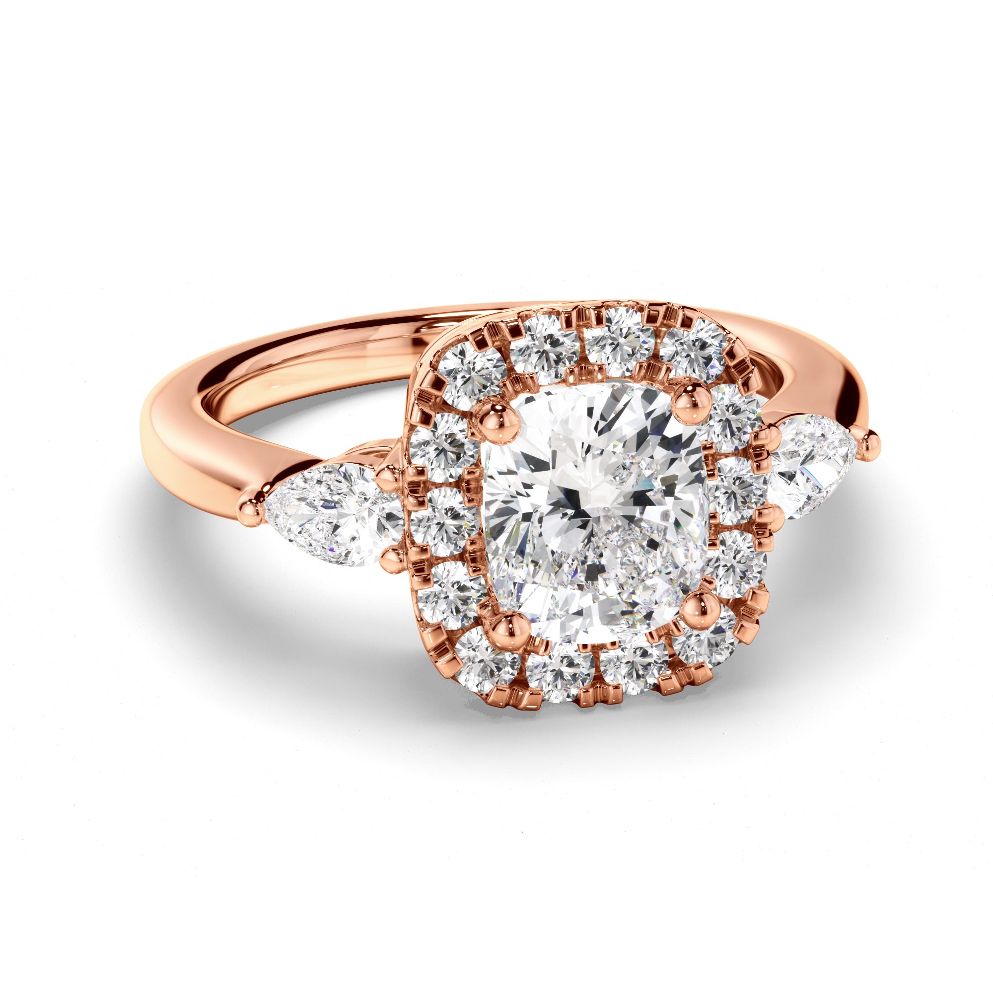 Charlotte - Cushion Cut Diamond Halo Trilogy Engagement Ring with Pear Sides