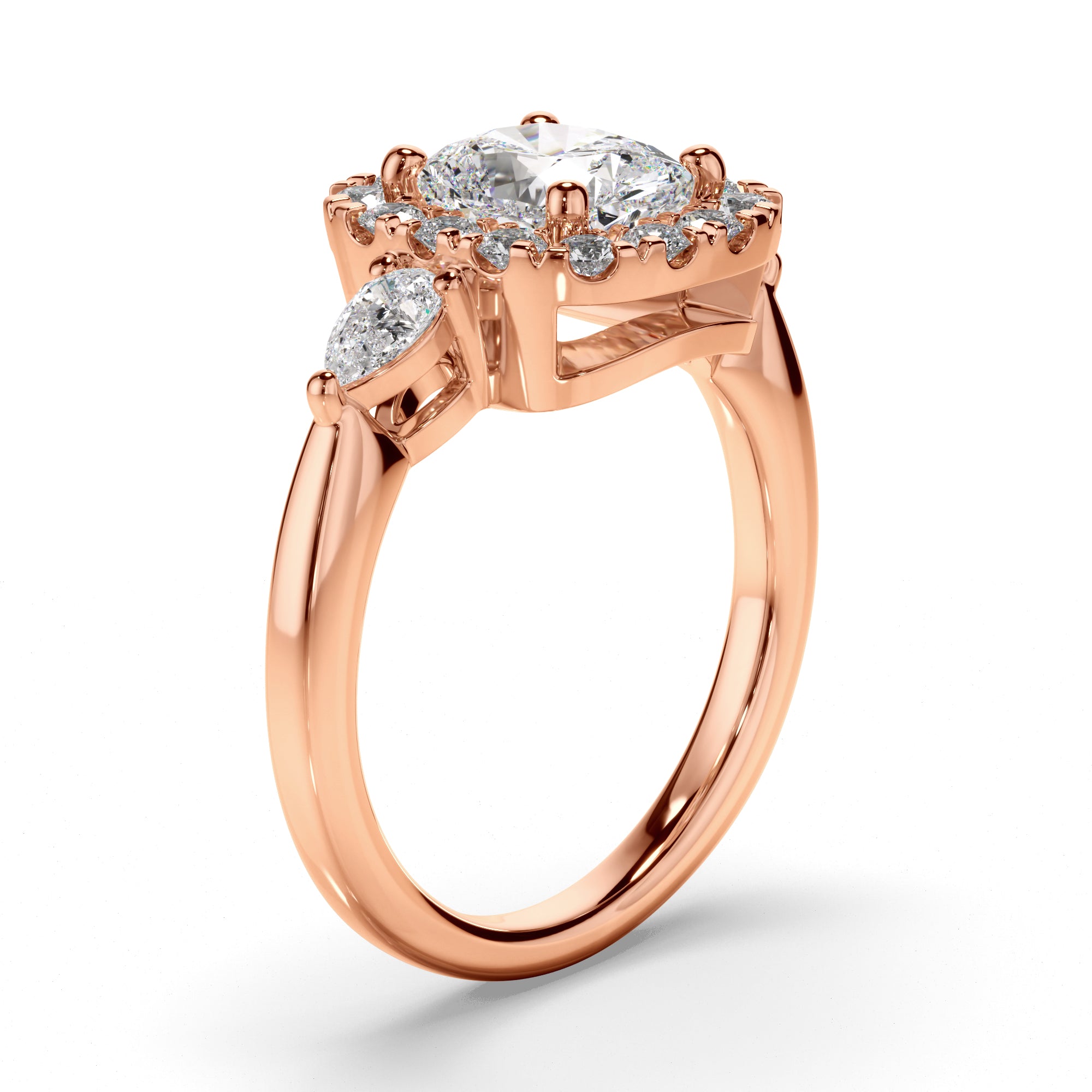 Charlotte - Cushion Cut Diamond Halo Trilogy Engagement Ring with Pear Sides