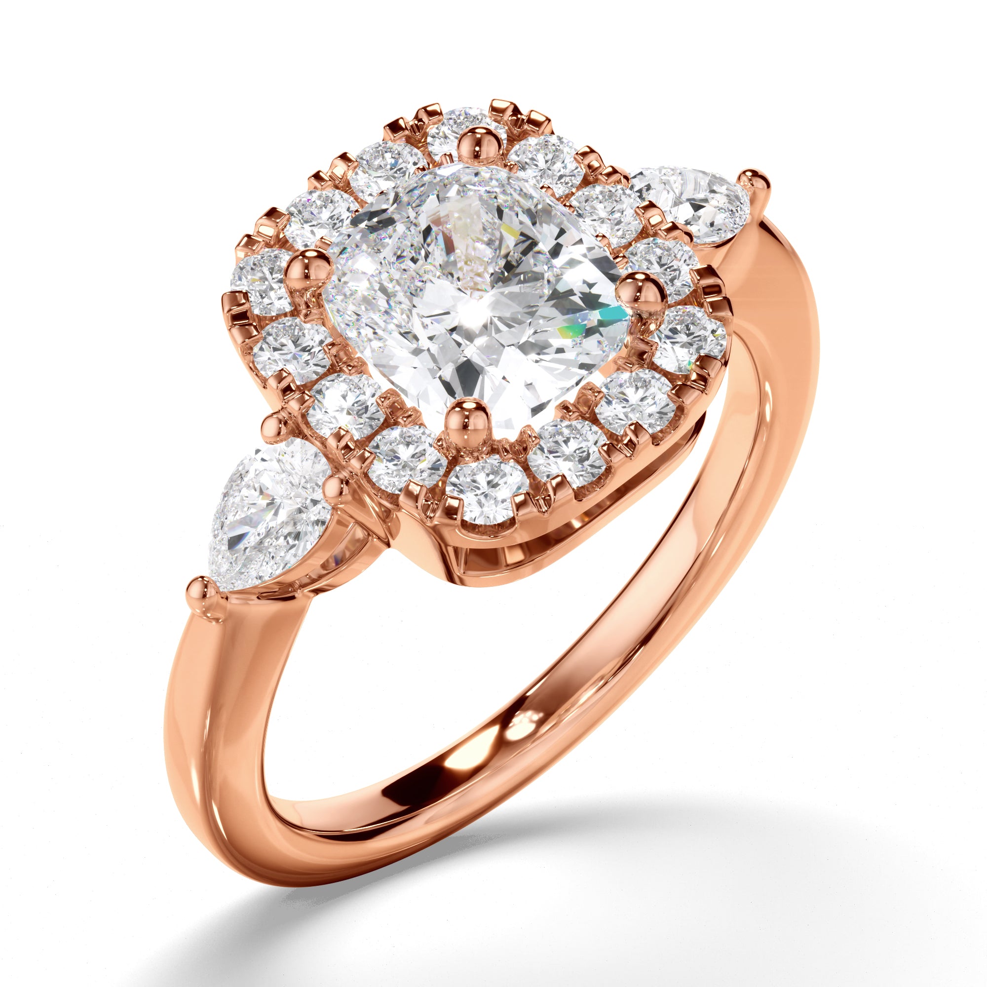 Charlotte - Cushion Cut Diamond Halo Trilogy Engagement Ring with Pear Sides