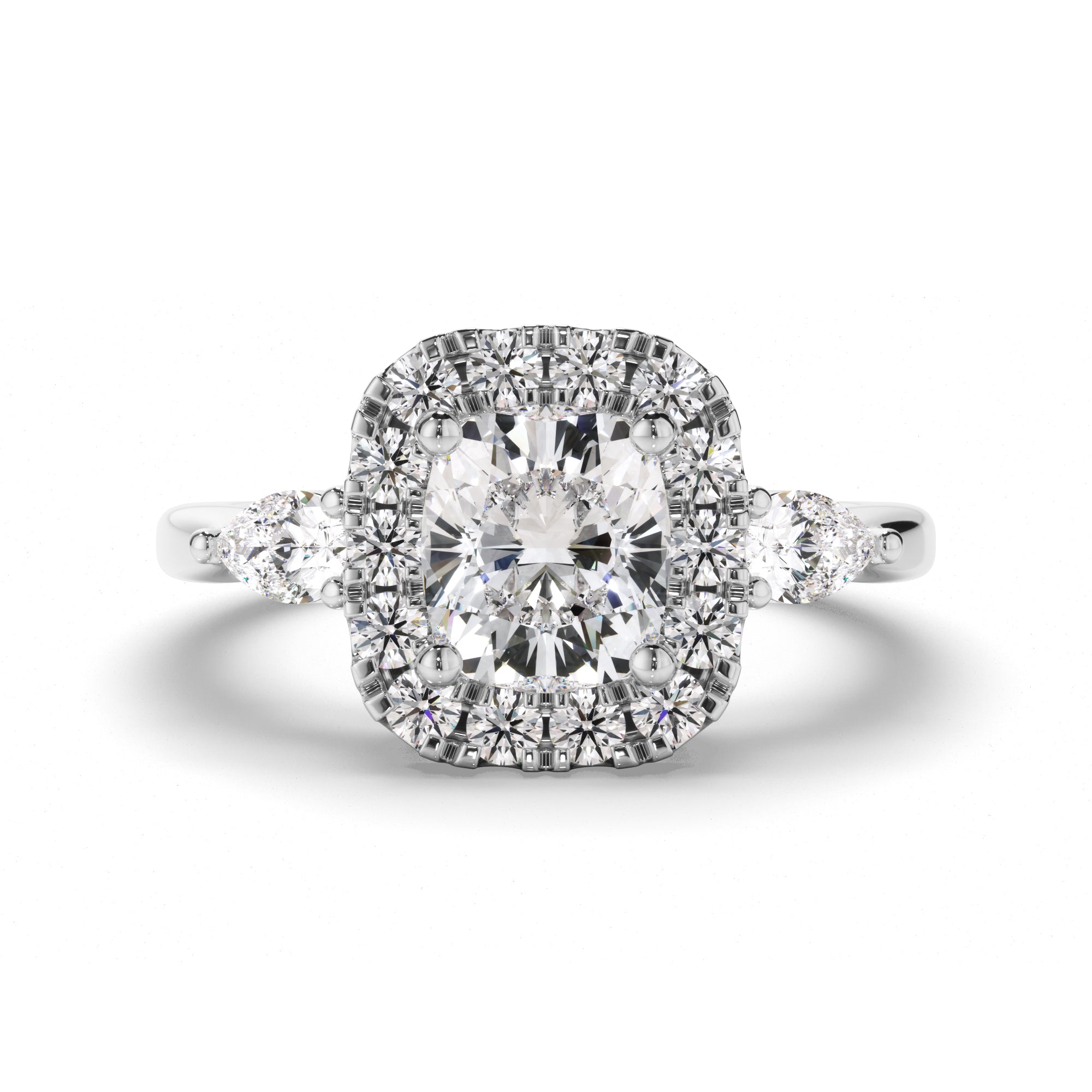 Charlotte - Cushion Cut Diamond Halo Trilogy Engagement Ring with Pear Sides