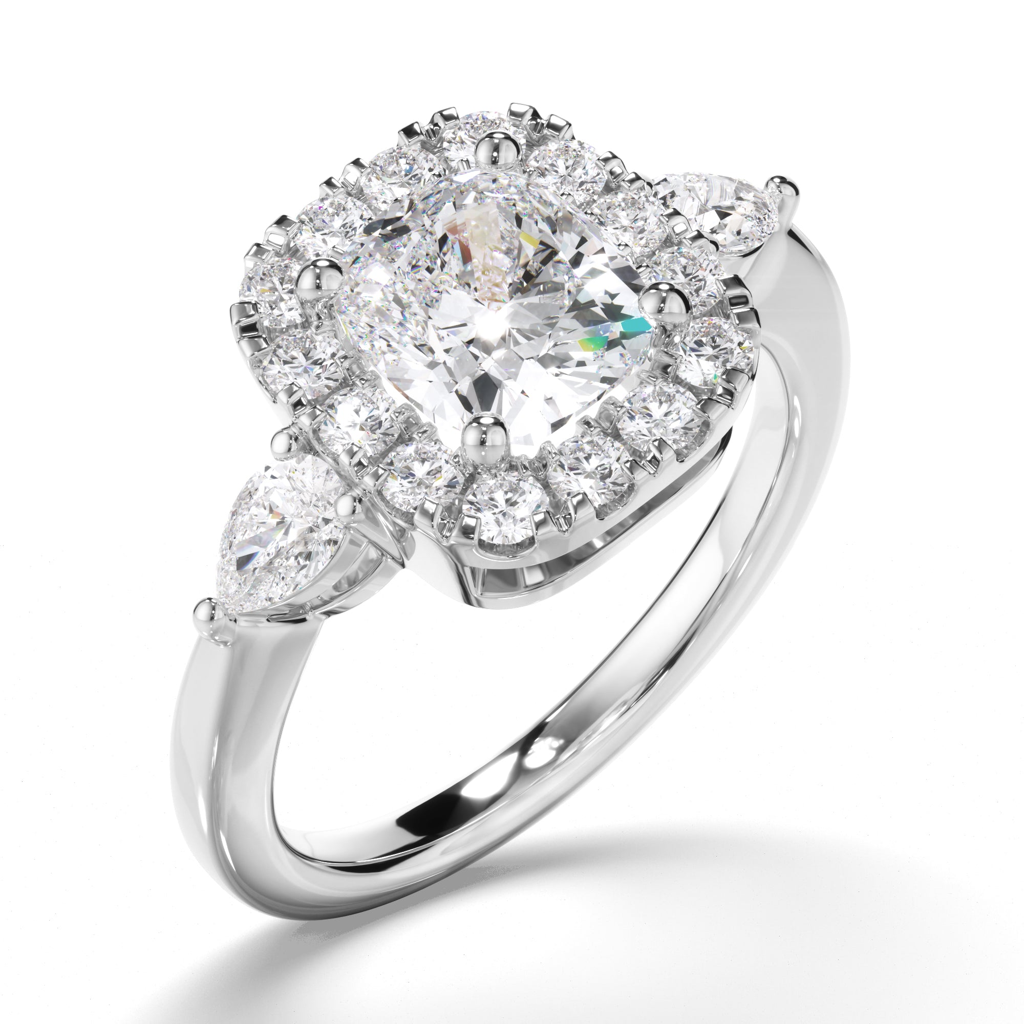 Charlotte - Cushion Cut Diamond Halo Trilogy Engagement Ring with Pear Sides