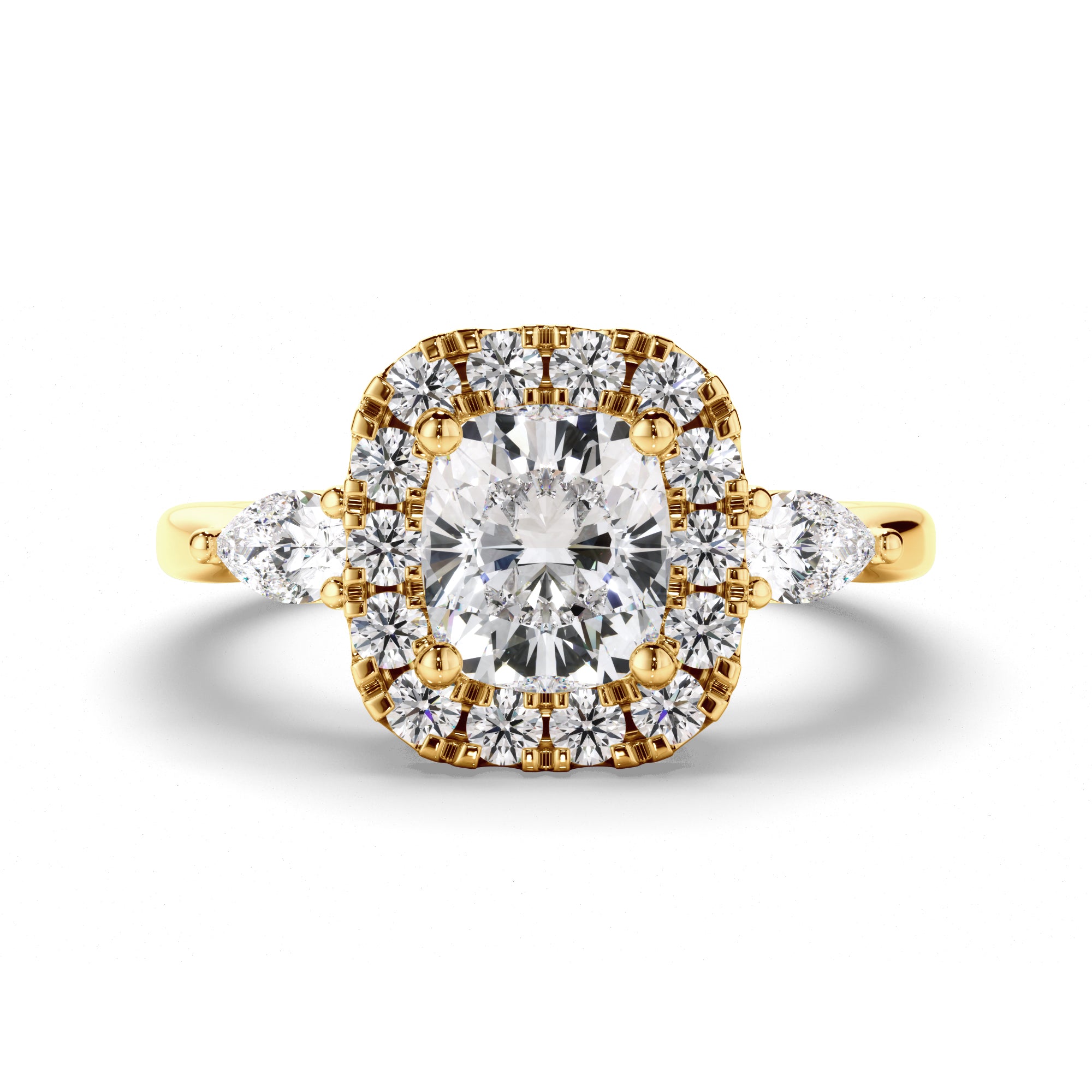 Charlotte - Cushion Cut Diamond Halo Trilogy Engagement Ring with Pear Sides