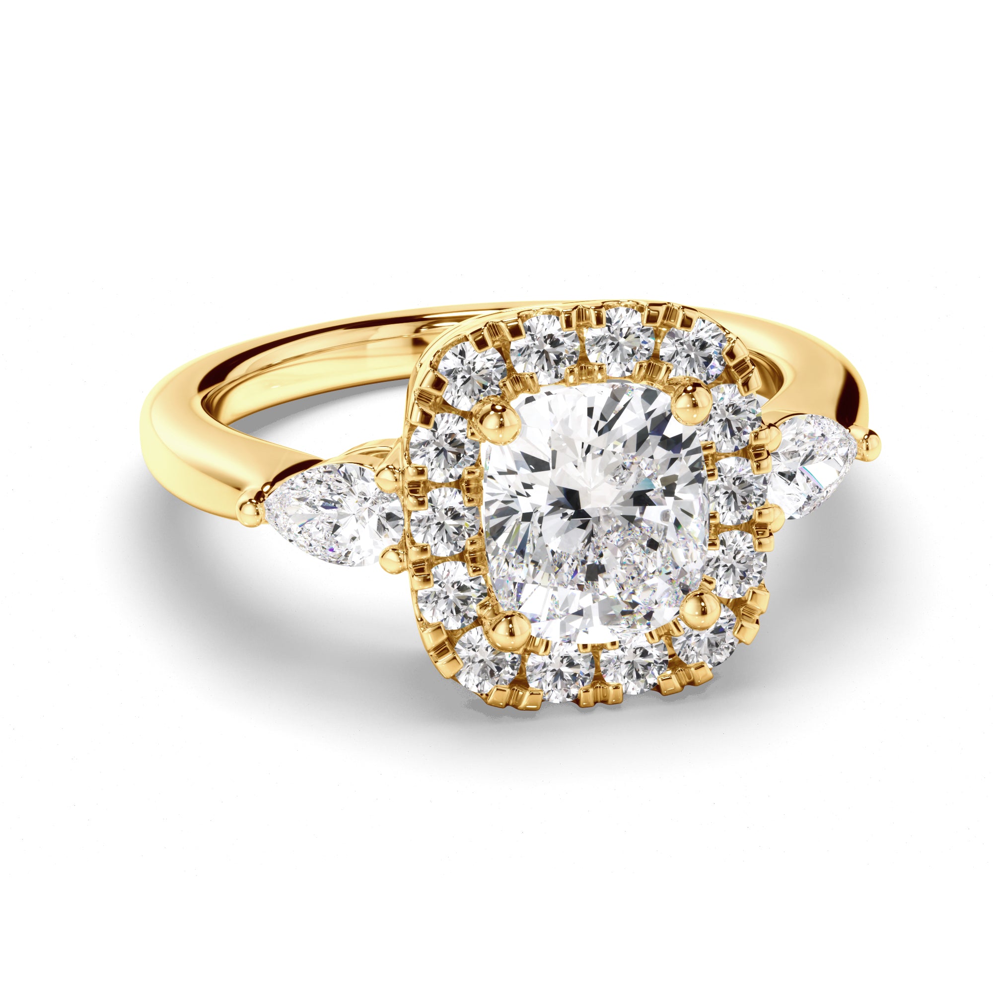 Charlotte - Cushion Cut Diamond Halo Trilogy Engagement Ring with Pear Sides