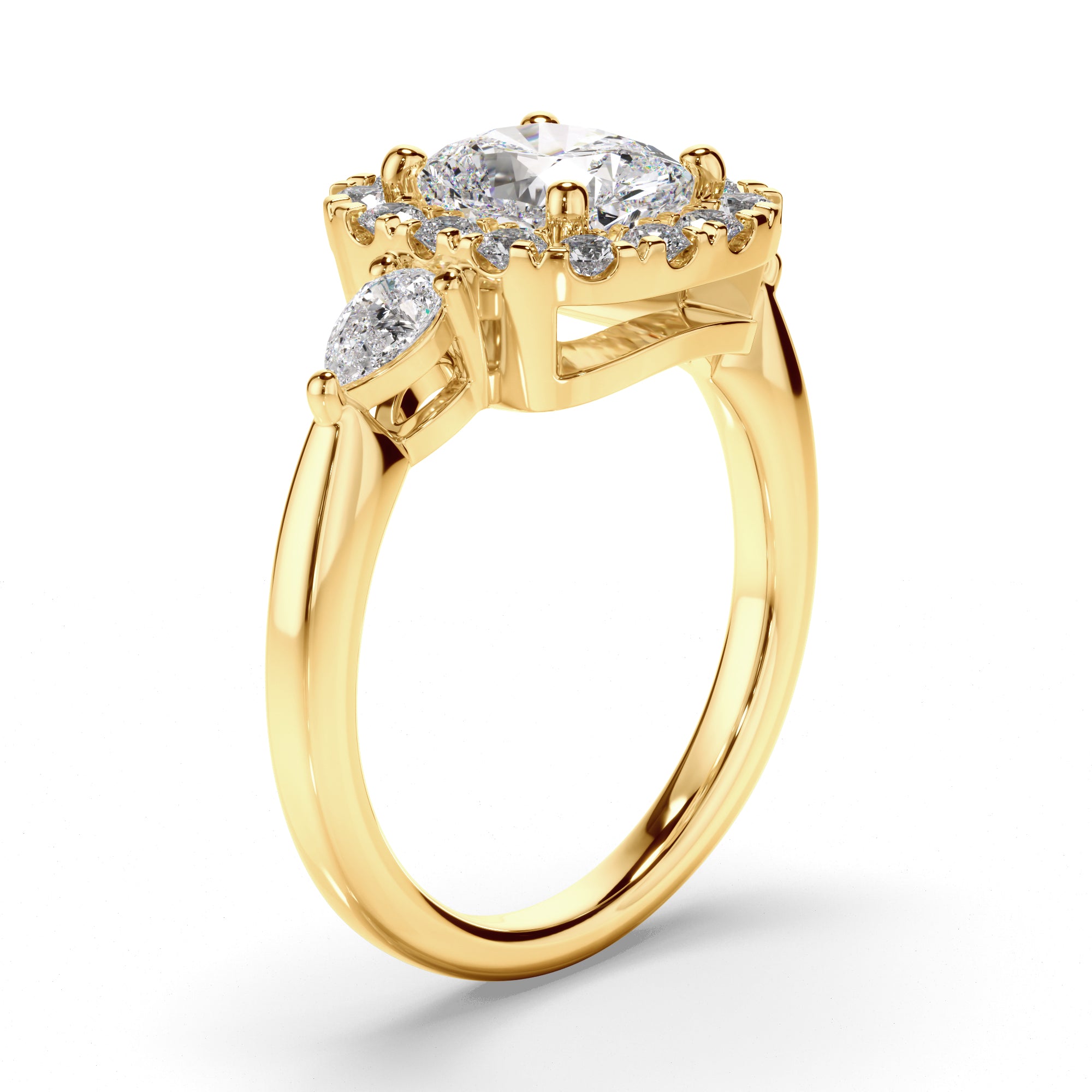 Charlotte - Cushion Cut Diamond Halo Trilogy Engagement Ring with Pear Sides