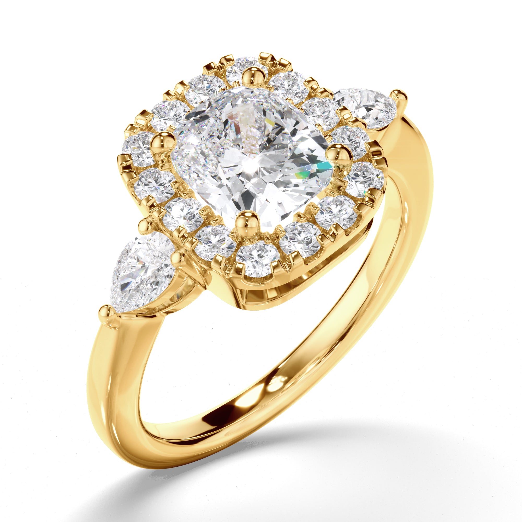 Charlotte - Cushion Cut Diamond Halo Trilogy Engagement Ring with Pear Sides