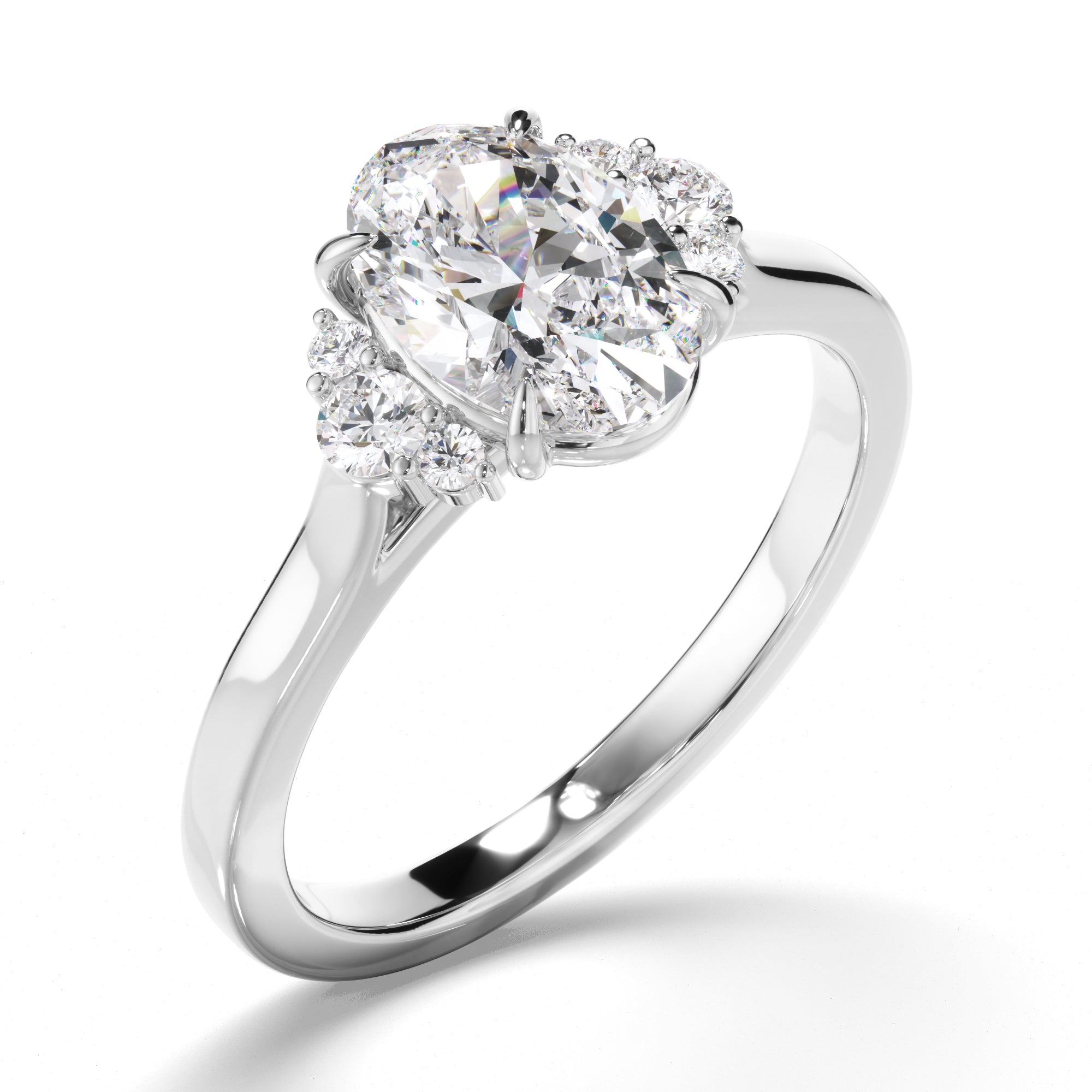 Marguerite - Oval Cut Diamond Engagement Ring with Diamond Cluster Sides