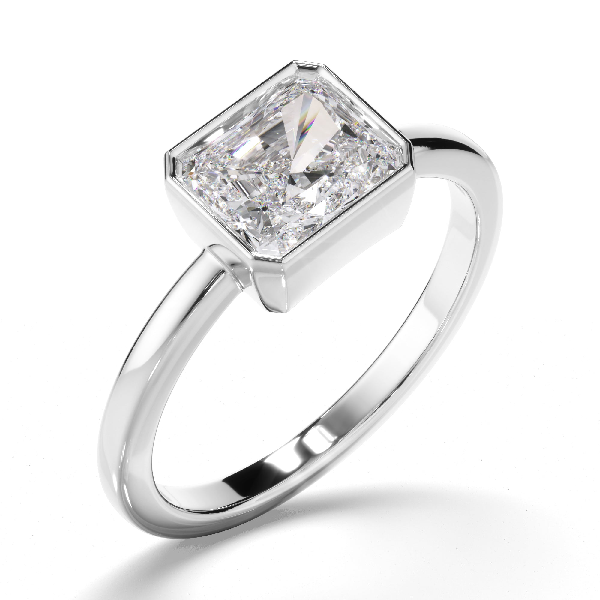 Theia - Radiant Cut Diamond Bezel East West Solitaire Engagement Ring