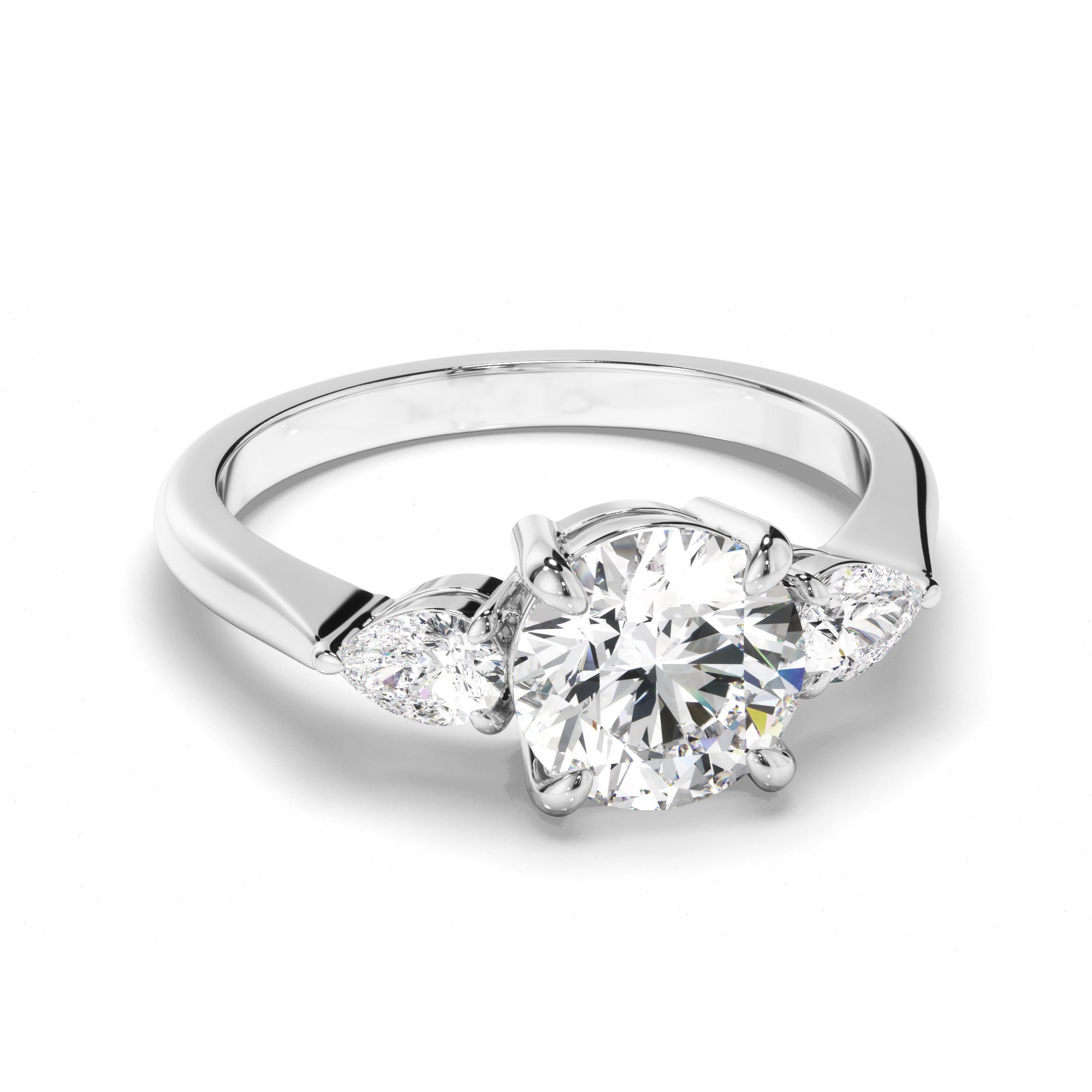 Elowen - Round Brilliant Cut Diamond Trilogy Engagement Ring with Pear Sides