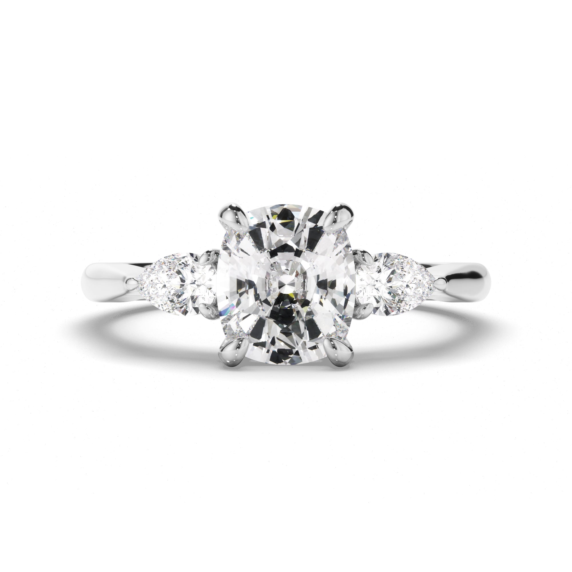 Alma - Cushion Cut Diamond Trilogy Engagement Ring with Pear Sides