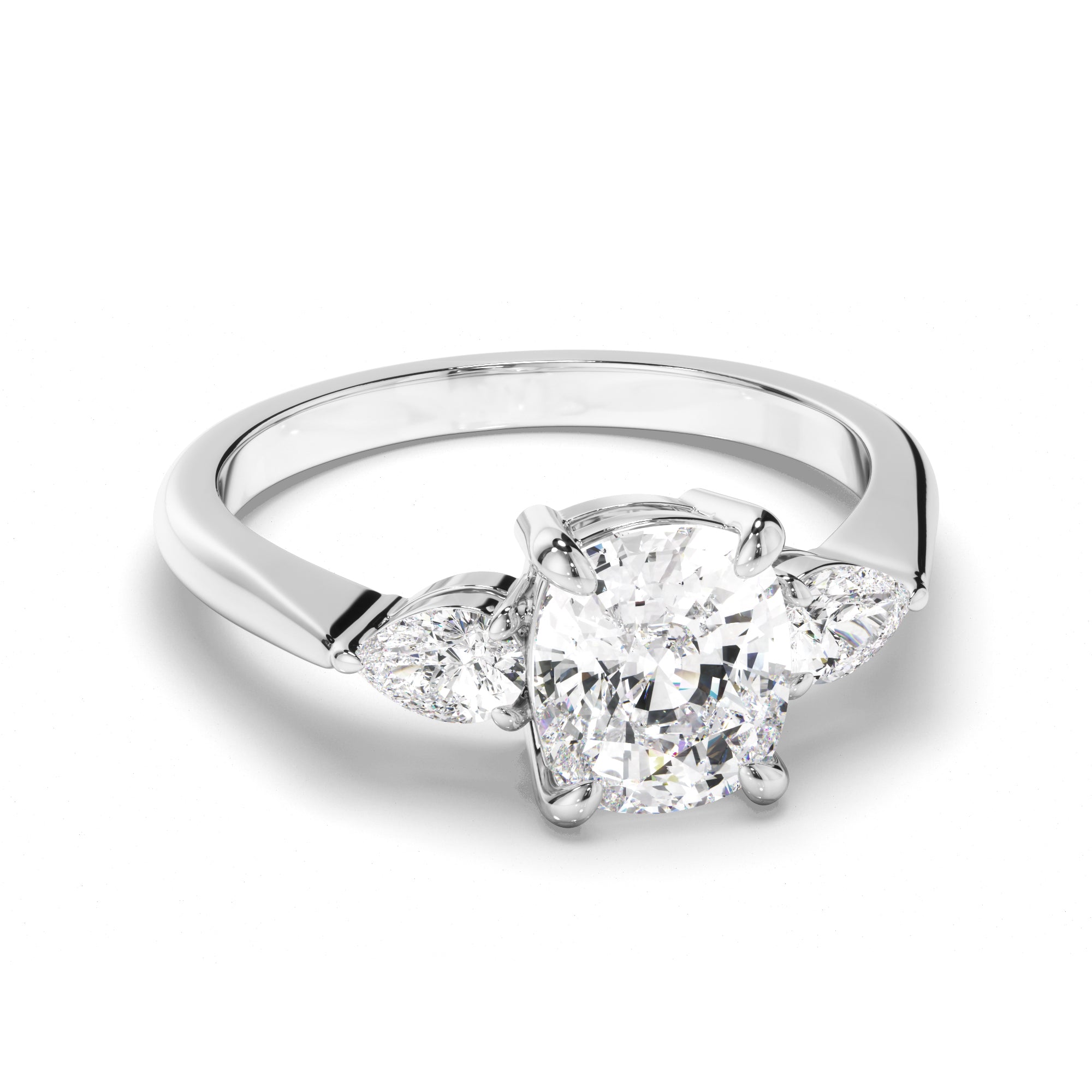 Alma - Cushion Cut Diamond Trilogy Engagement Ring with Pear Sides