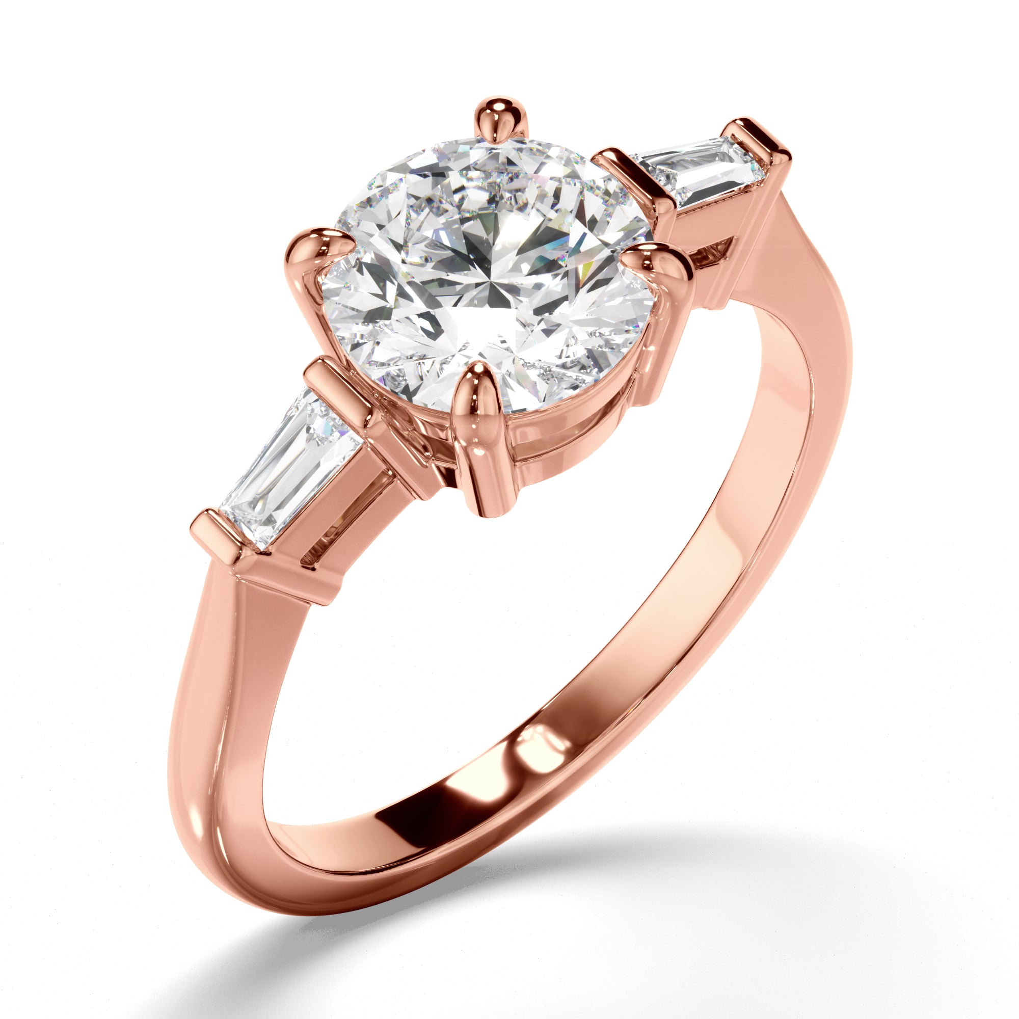 Auriel - Round Brilliant Cut Diamond Trilogy Engagement Ring with Baguette Sides