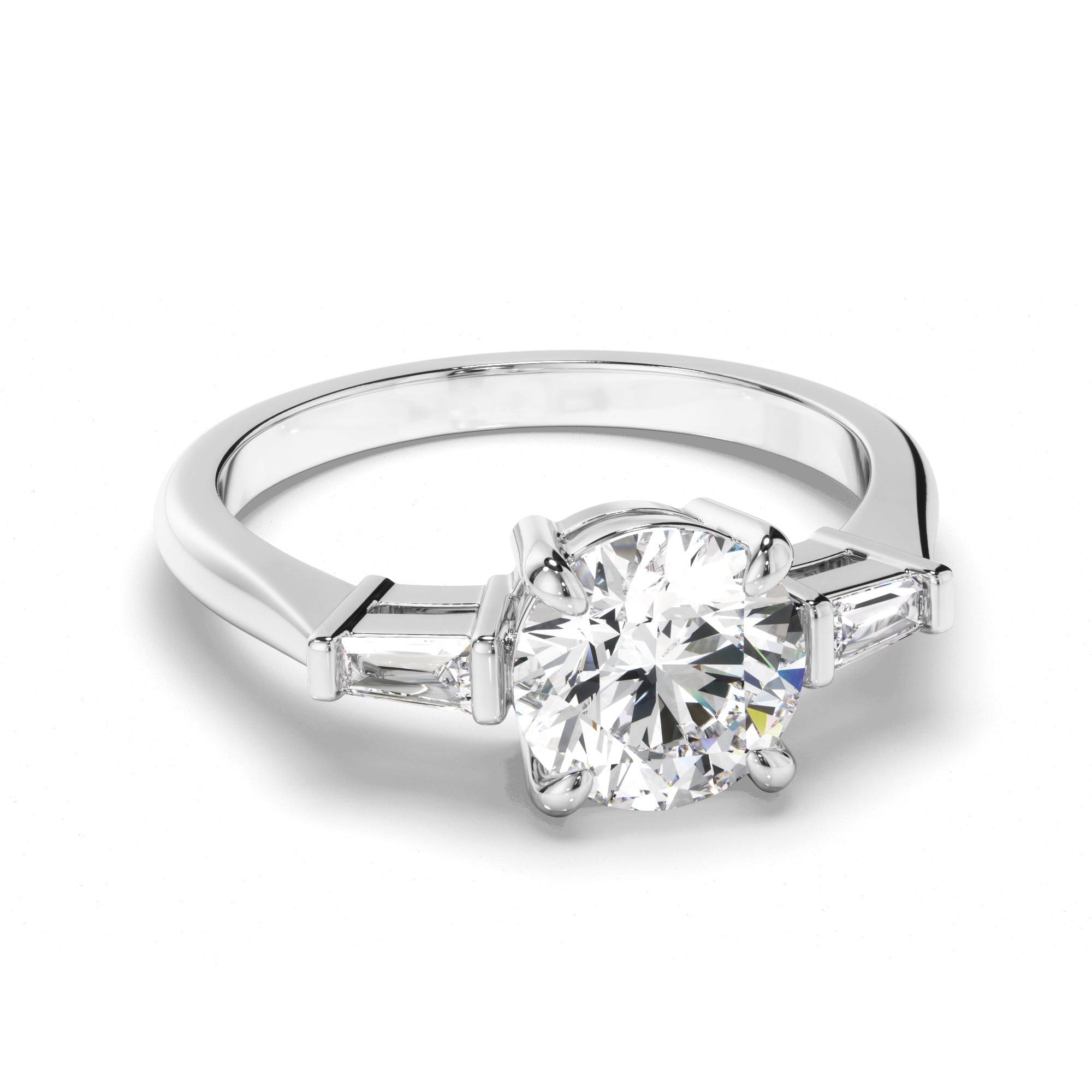 Auriel - Round Brilliant Cut Diamond Trilogy Engagement Ring with Baguette Sides