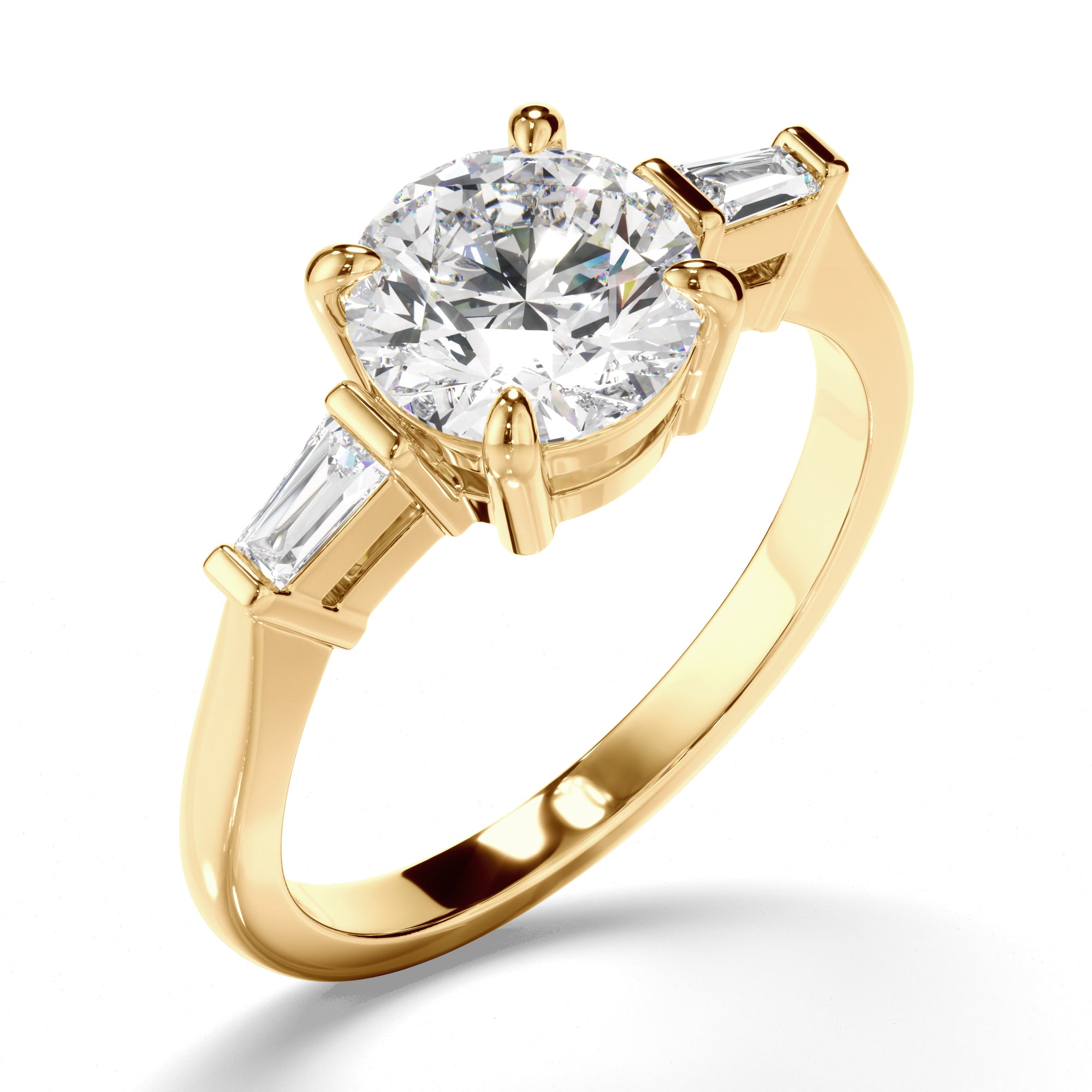 Auriel - Round Brilliant Cut Diamond Trilogy Engagement Ring with Baguette Sides