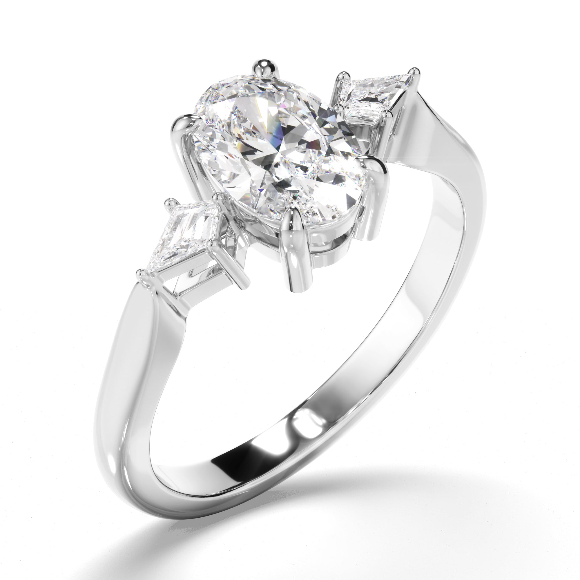 Rosaline - Oval Cut Diamond Trilogy Engagement Ring with Kite Sides