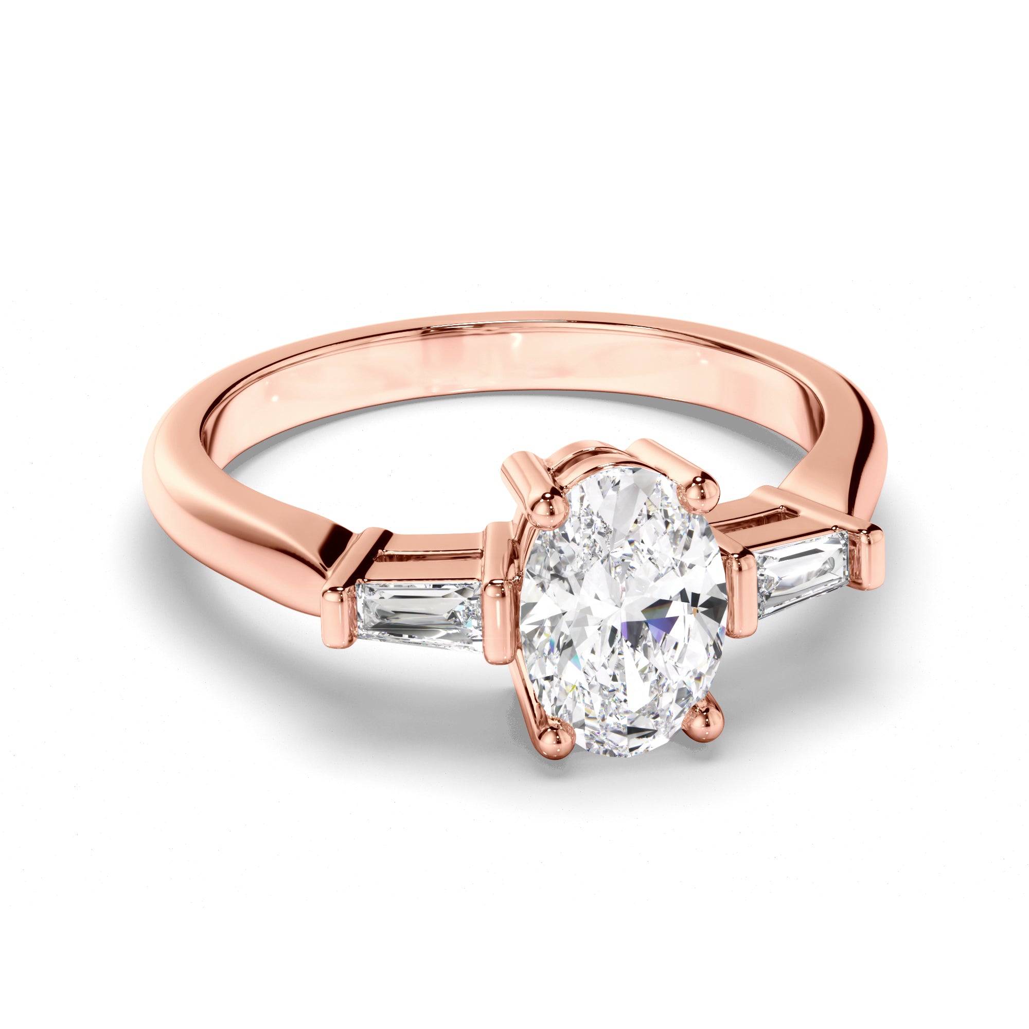 Viviette - Oval Cut Diamond Trilogy Engagement Ring with Baguette Sides