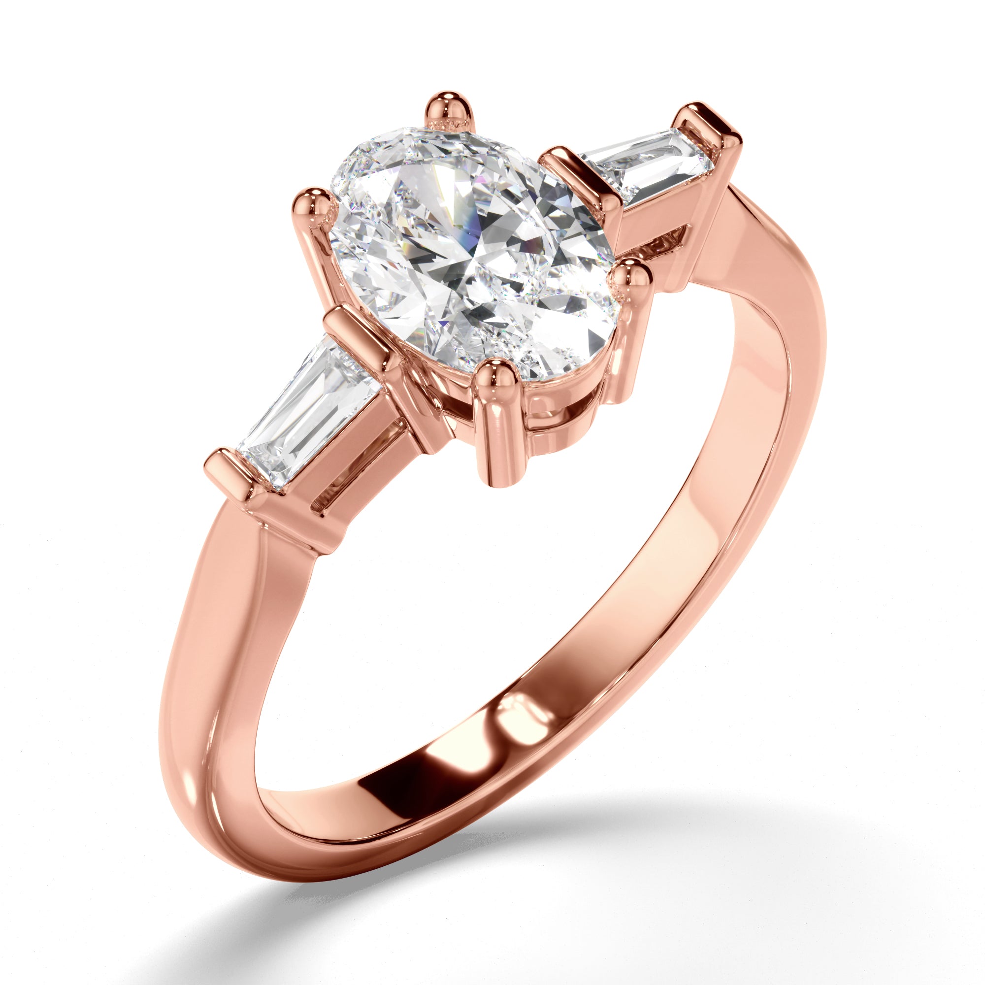 Viviette - Oval Cut Diamond Trilogy Engagement Ring with Baguette Sides