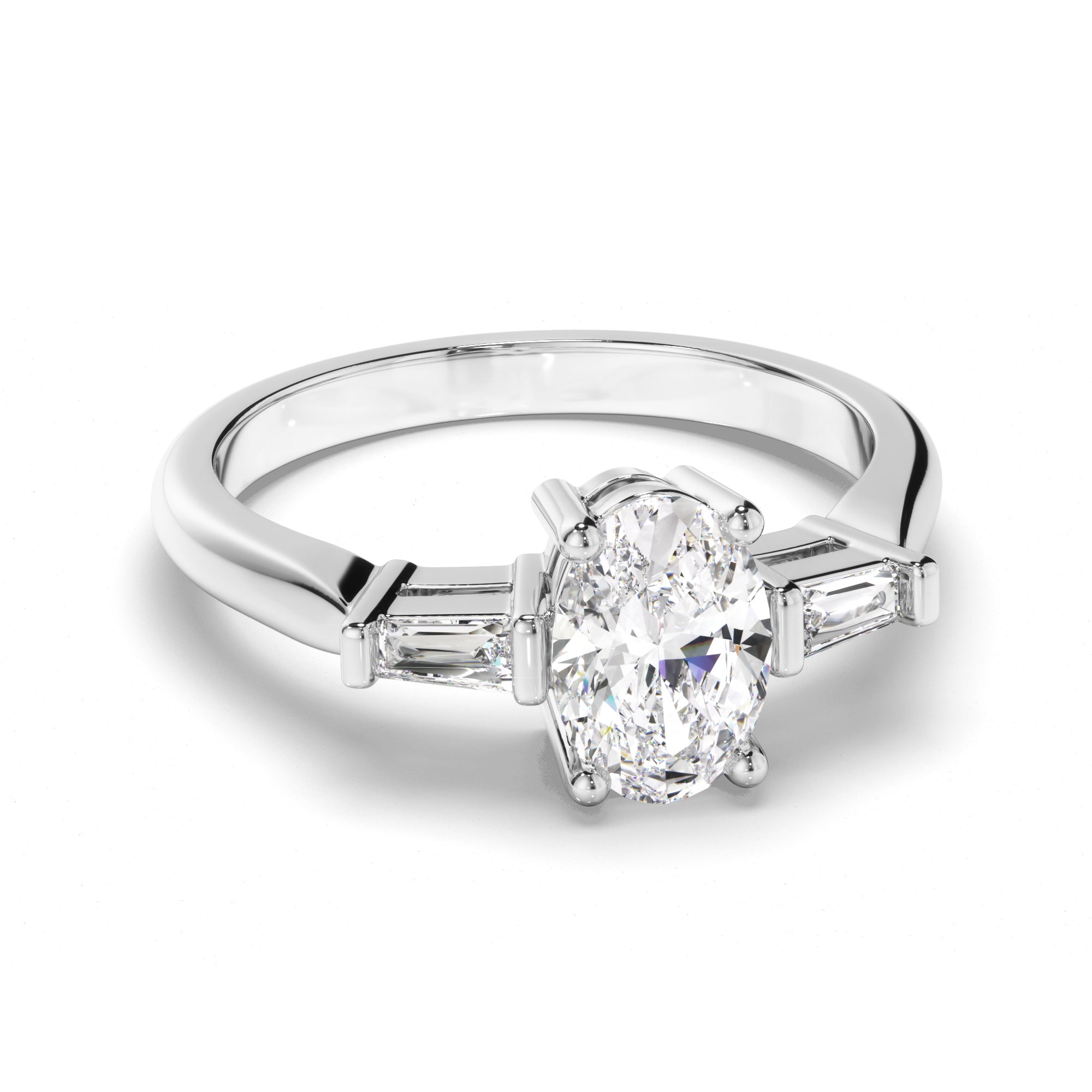 Viviette - Oval Cut Diamond Trilogy Engagement Ring with Baguette Sides
