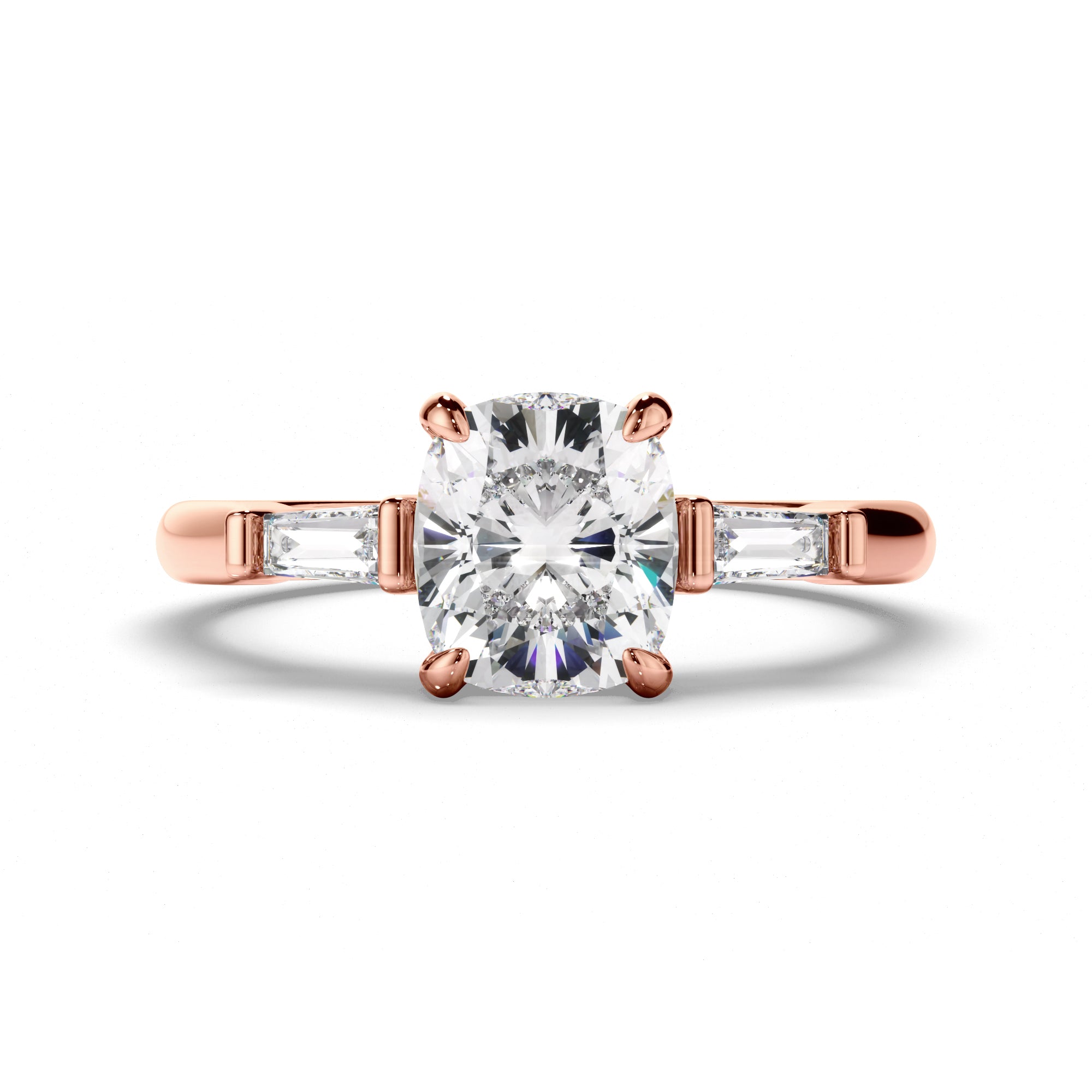 Phoebe - Cushion Cut Diamond Trilogy Engagement Ring with Baguette Sides