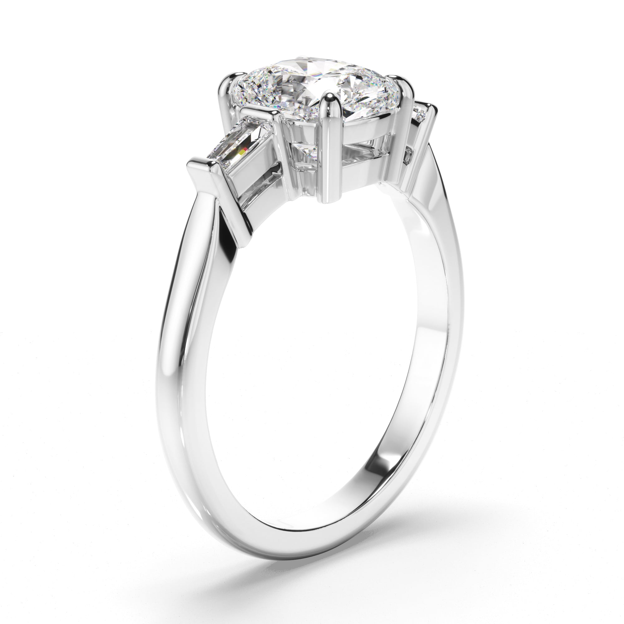 Phoebe - Cushion Cut Diamond Trilogy Engagement Ring with Baguette Sides