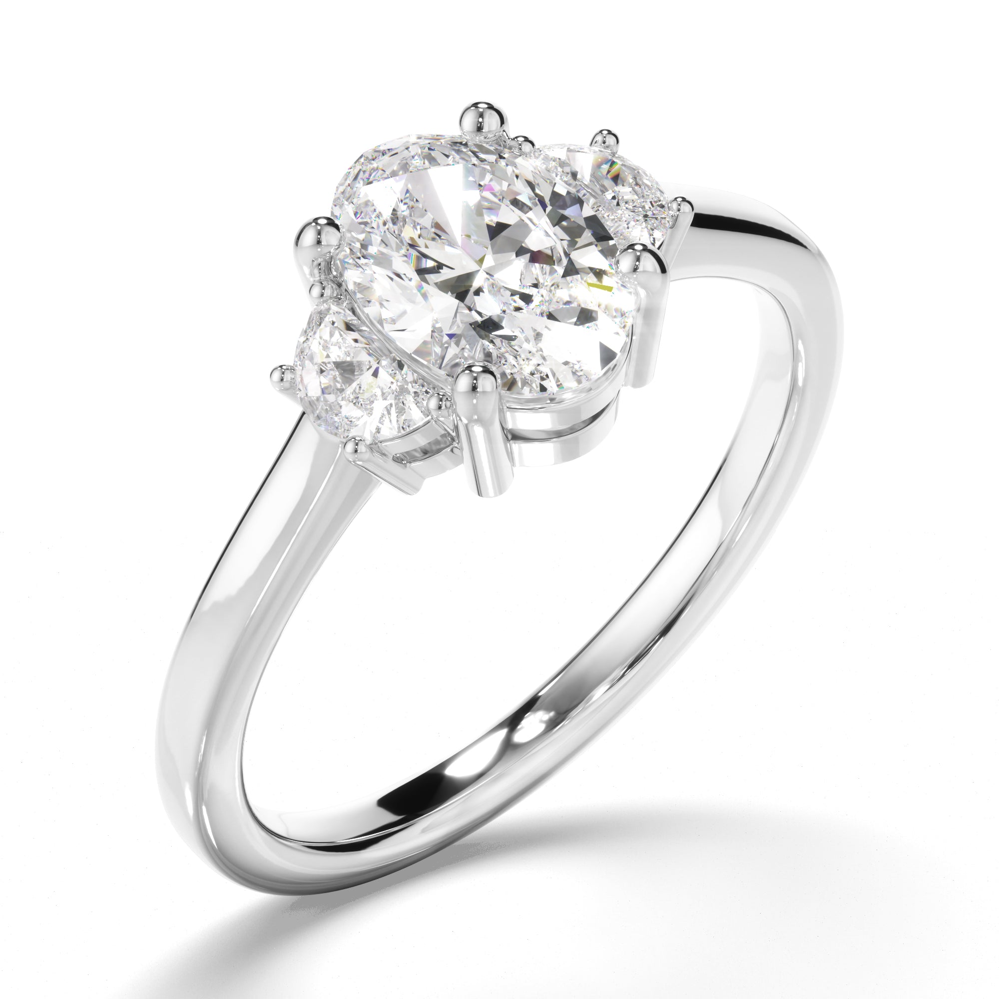 Stella - Oval Cut Diamond Trilogy Engagement Ring with Half Moon Sides