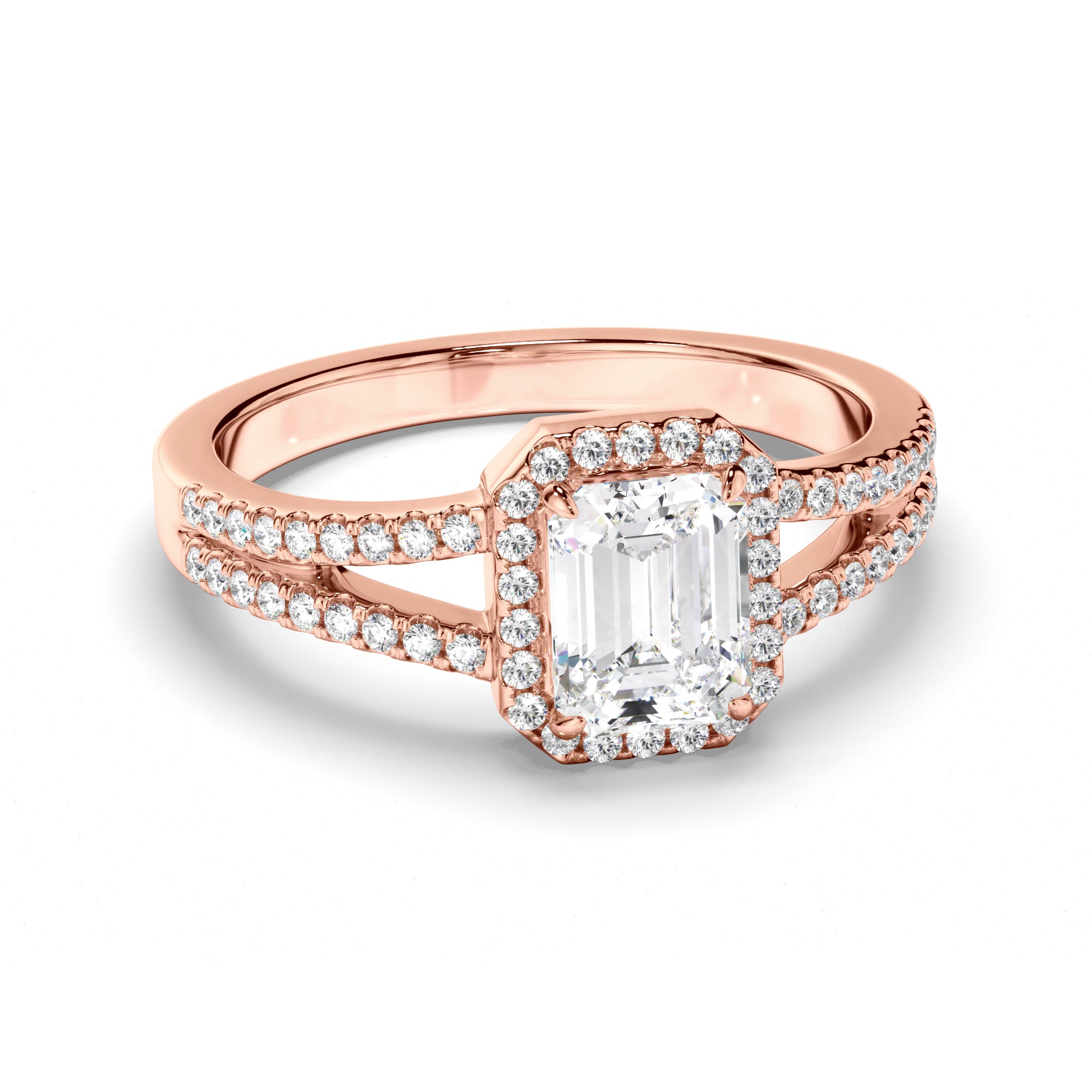 Lena - Emerald Cut Diamond Halo Engagement Ring with Pave Sides