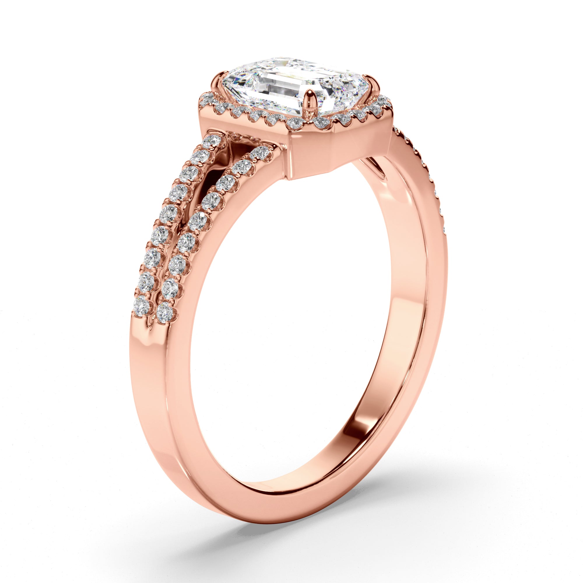 Lena - Emerald Cut Diamond Halo Engagement Ring with Pave Sides