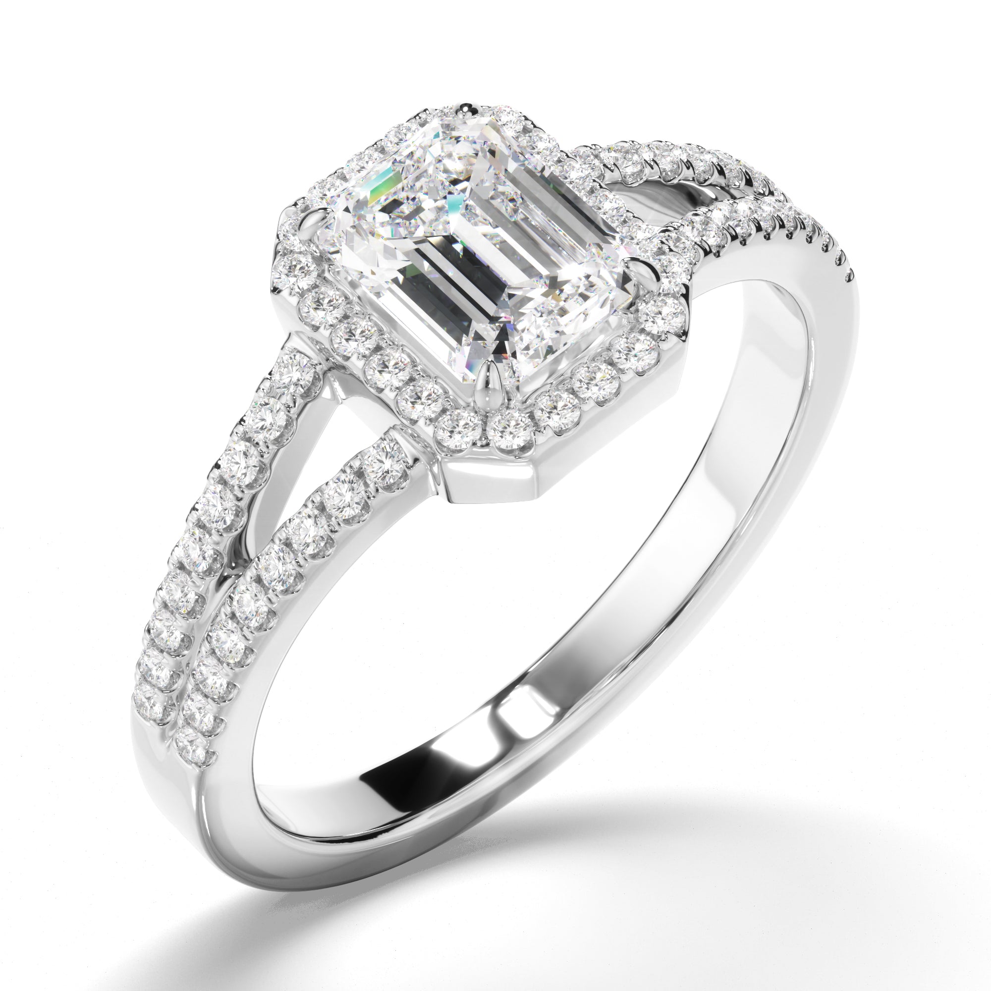 Lena - Emerald Cut Diamond Halo Engagement Ring with Pave Sides