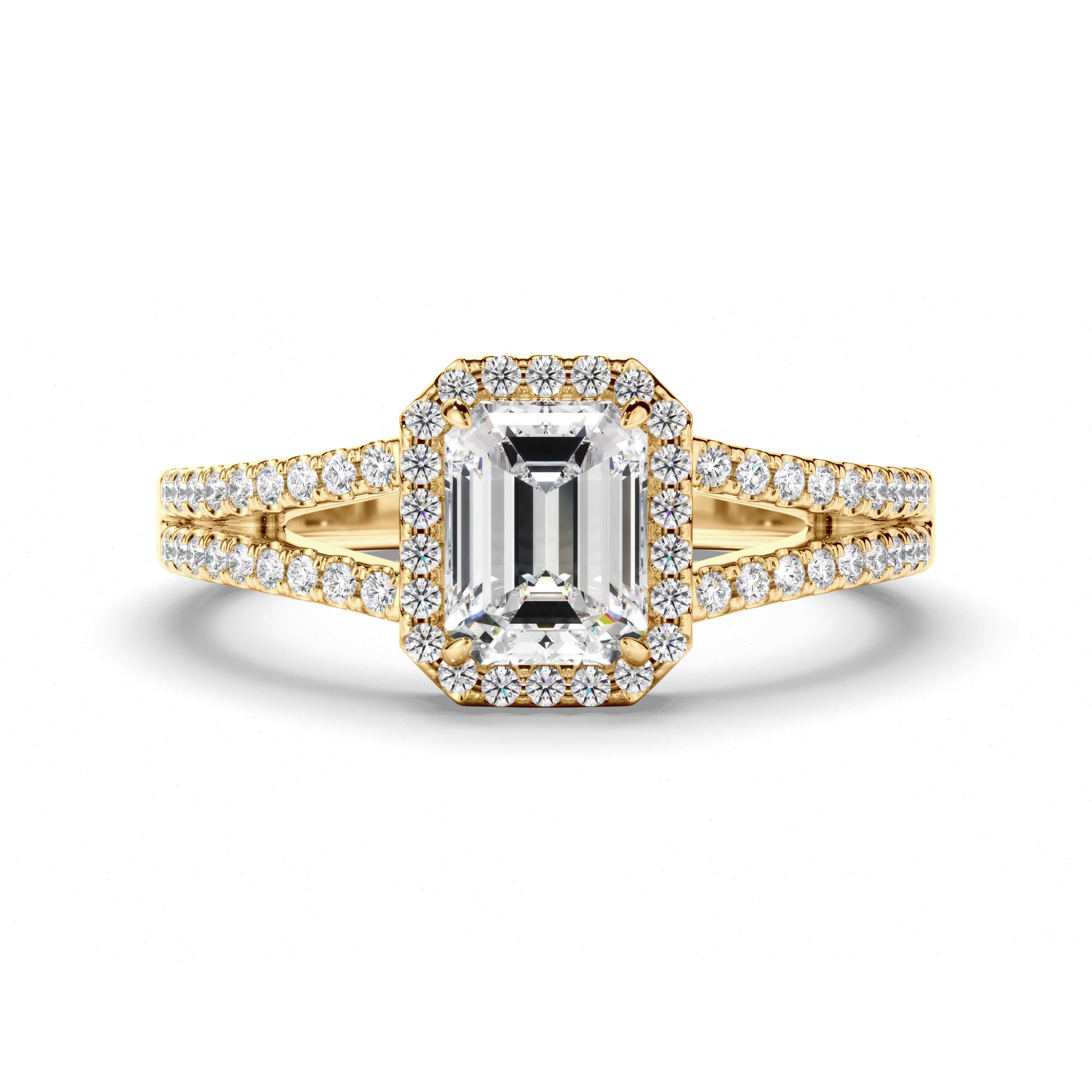 Lena - Emerald Cut Diamond Halo Engagement Ring with Pave Sides