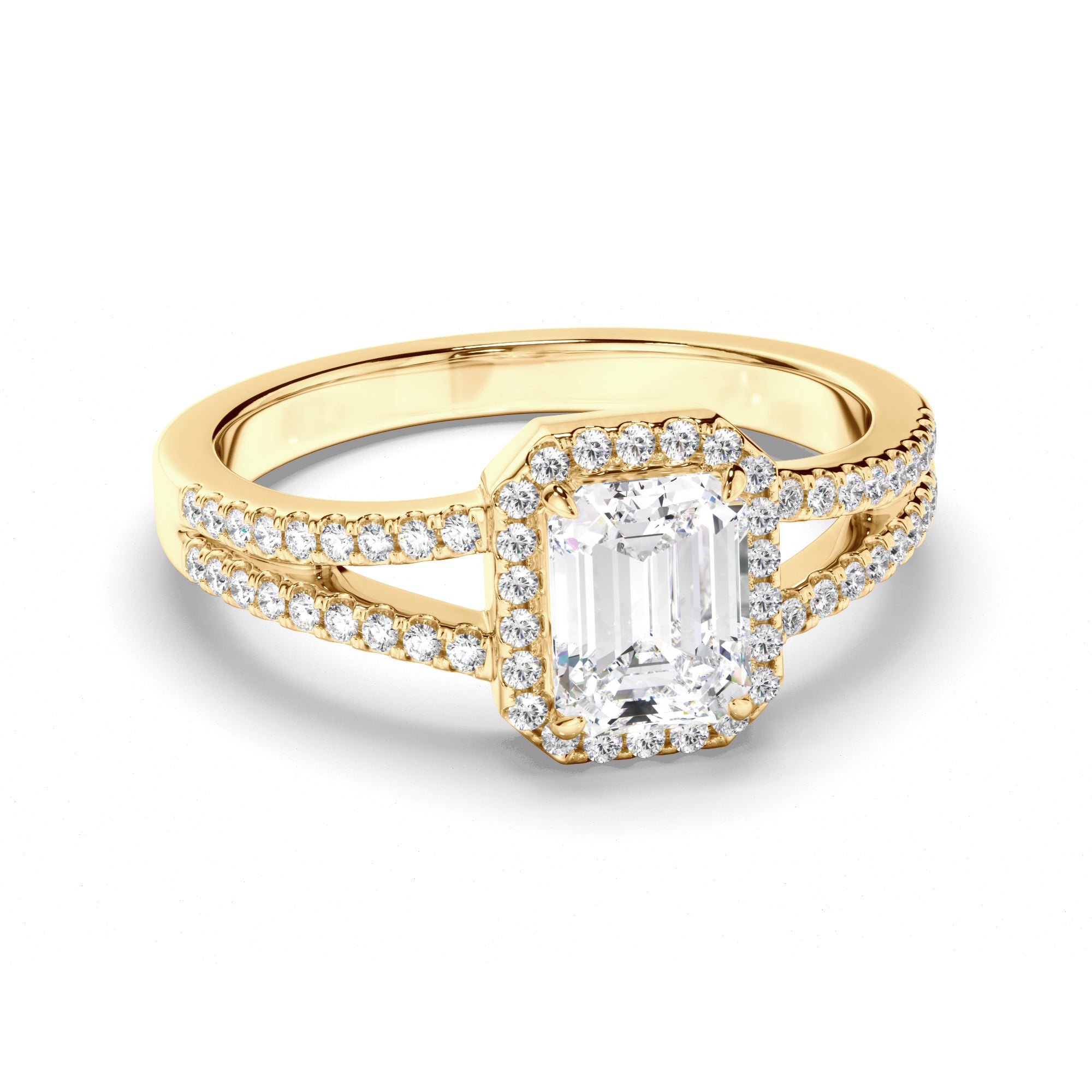 Lena - Emerald Cut Diamond Halo Engagement Ring with Pave Sides