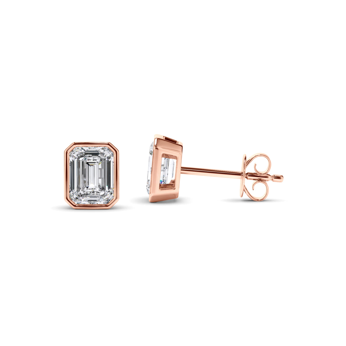 Violet - Emerald Cut Diamond Bezel Set Stud Earrings