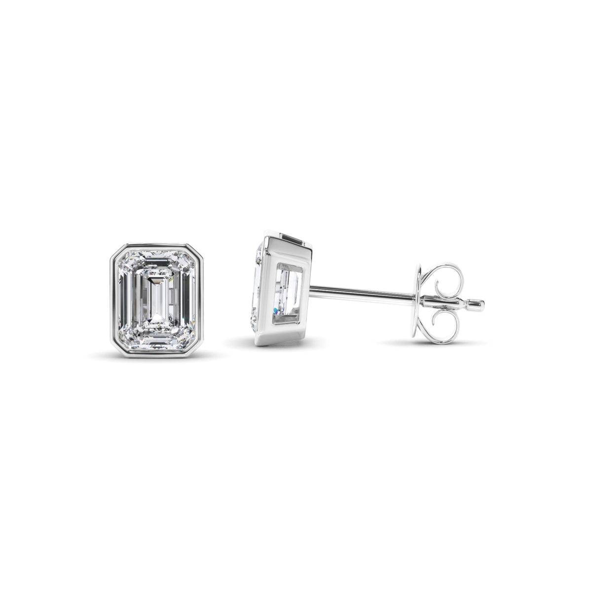 Violet - Emerald Cut Diamond Bezel Set Stud Earrings