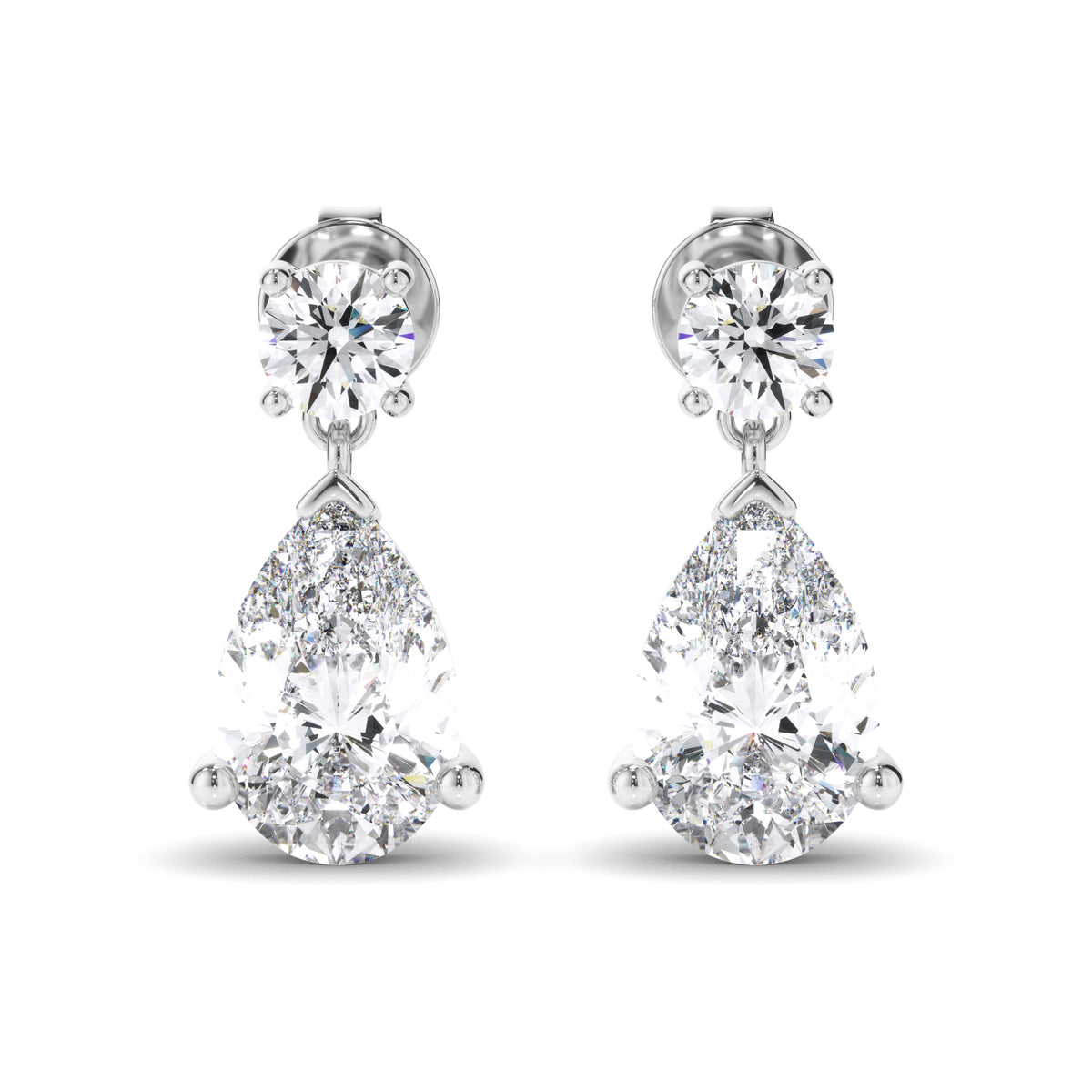 Inez - Pear & Round Brilliant Cut Diamond Drop Stud Earrings