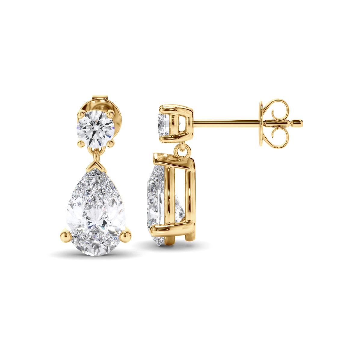 Inez - Pear & Round Brilliant Cut Diamond Drop Stud Earrings