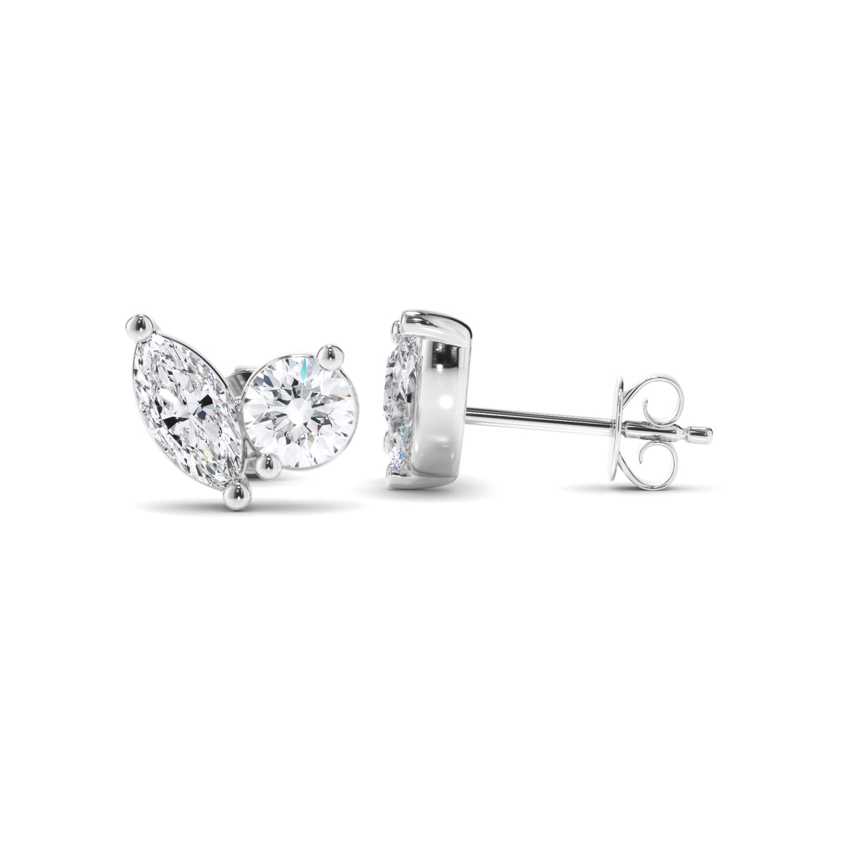 Flora - Marquise & Round Brilliant Cut Diamond Toi et Moi Stud Earrings
