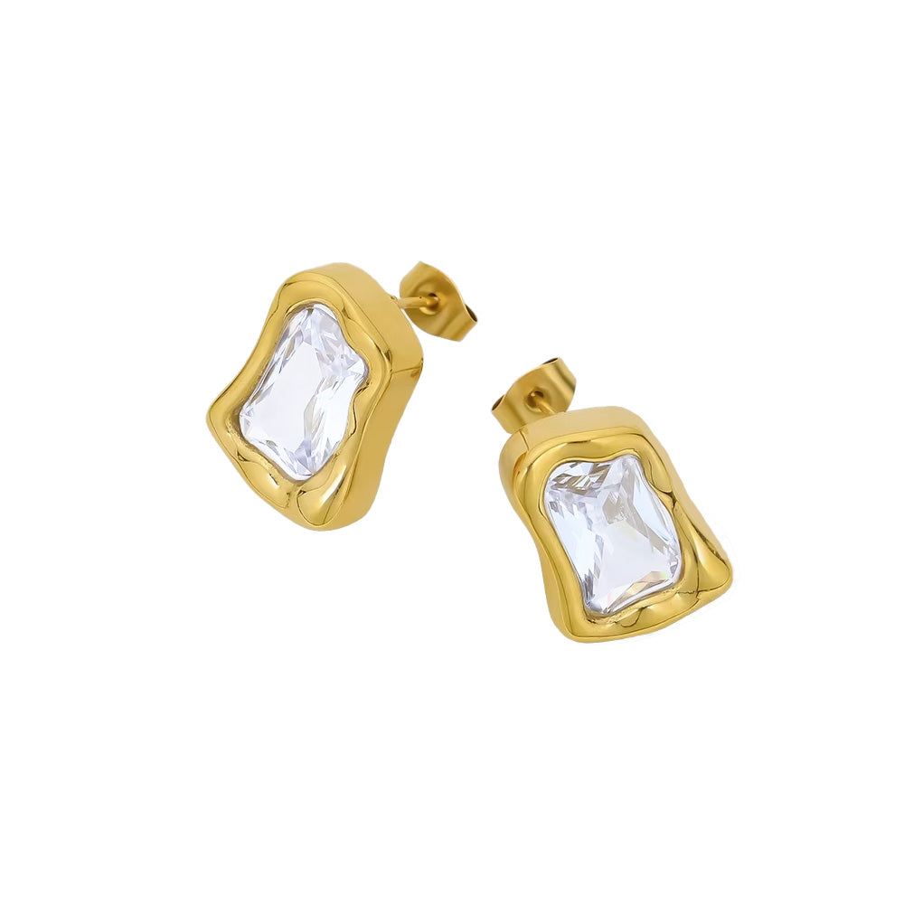 Organic Shaped 18ct Gold Plated Bezel Stud Earrings with Emerald Cut CZ