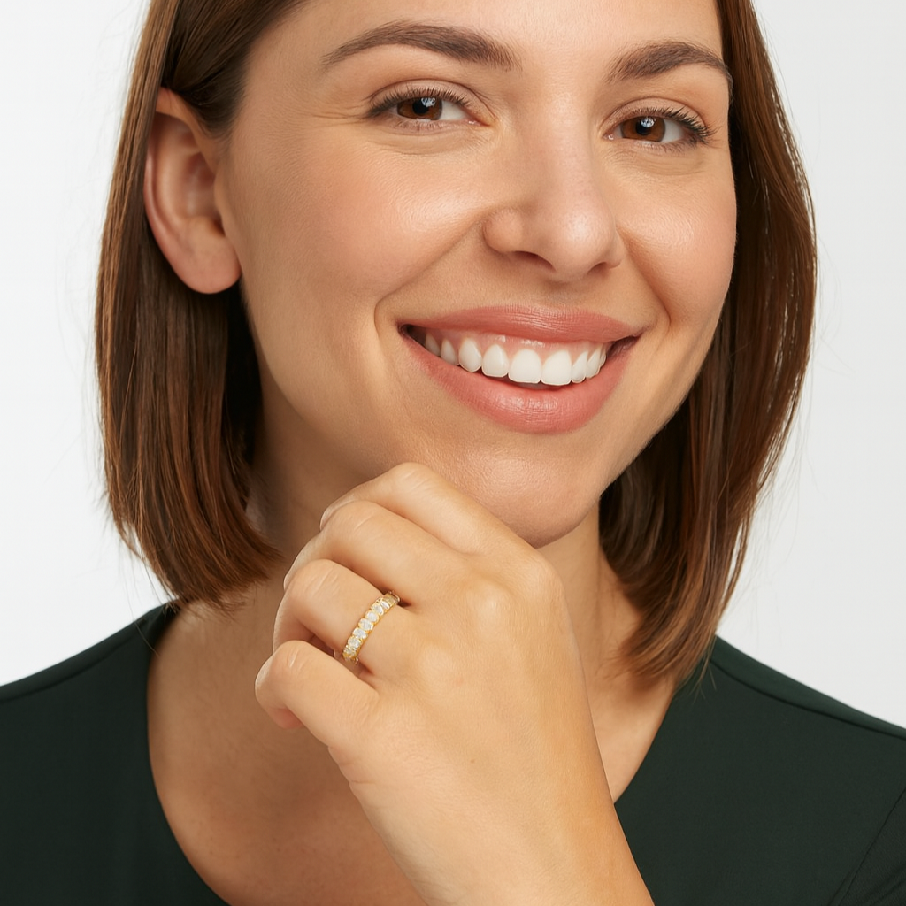 Woman with a smile on a white background