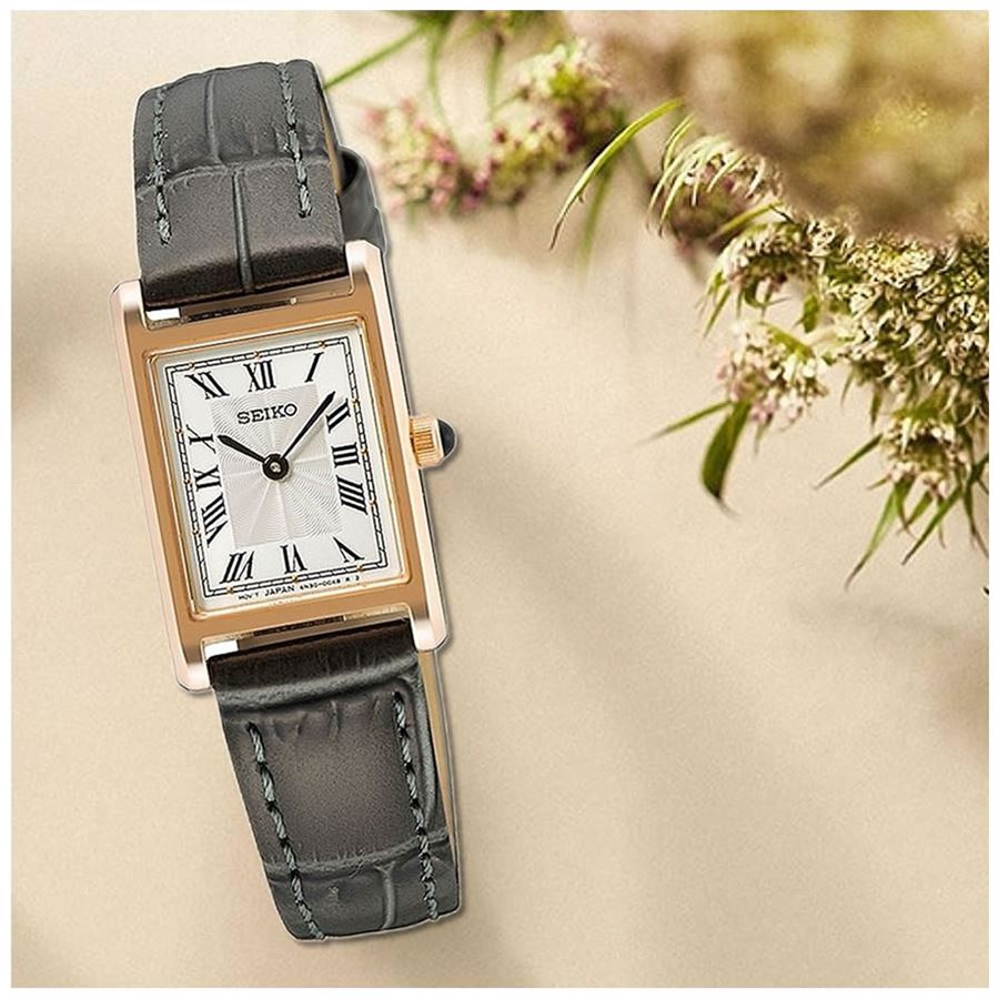 Seiko Ladies Square Face Rose Gold Leather Strap Dress Watch
