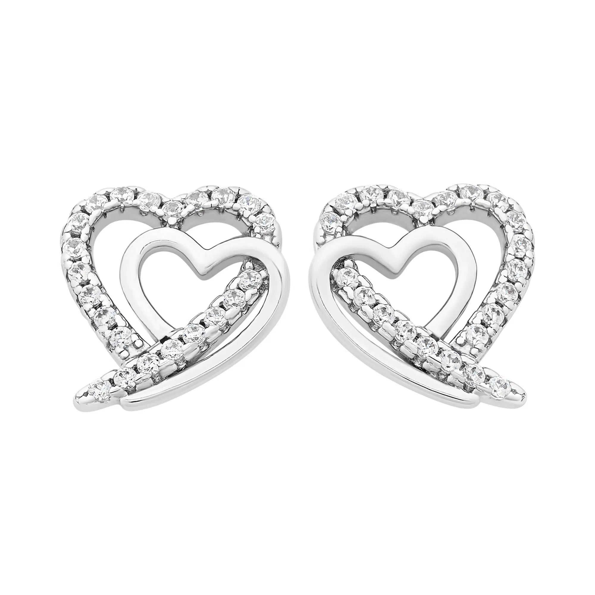 Sterling Silver Double Heart Cubic Zirconia Earrings