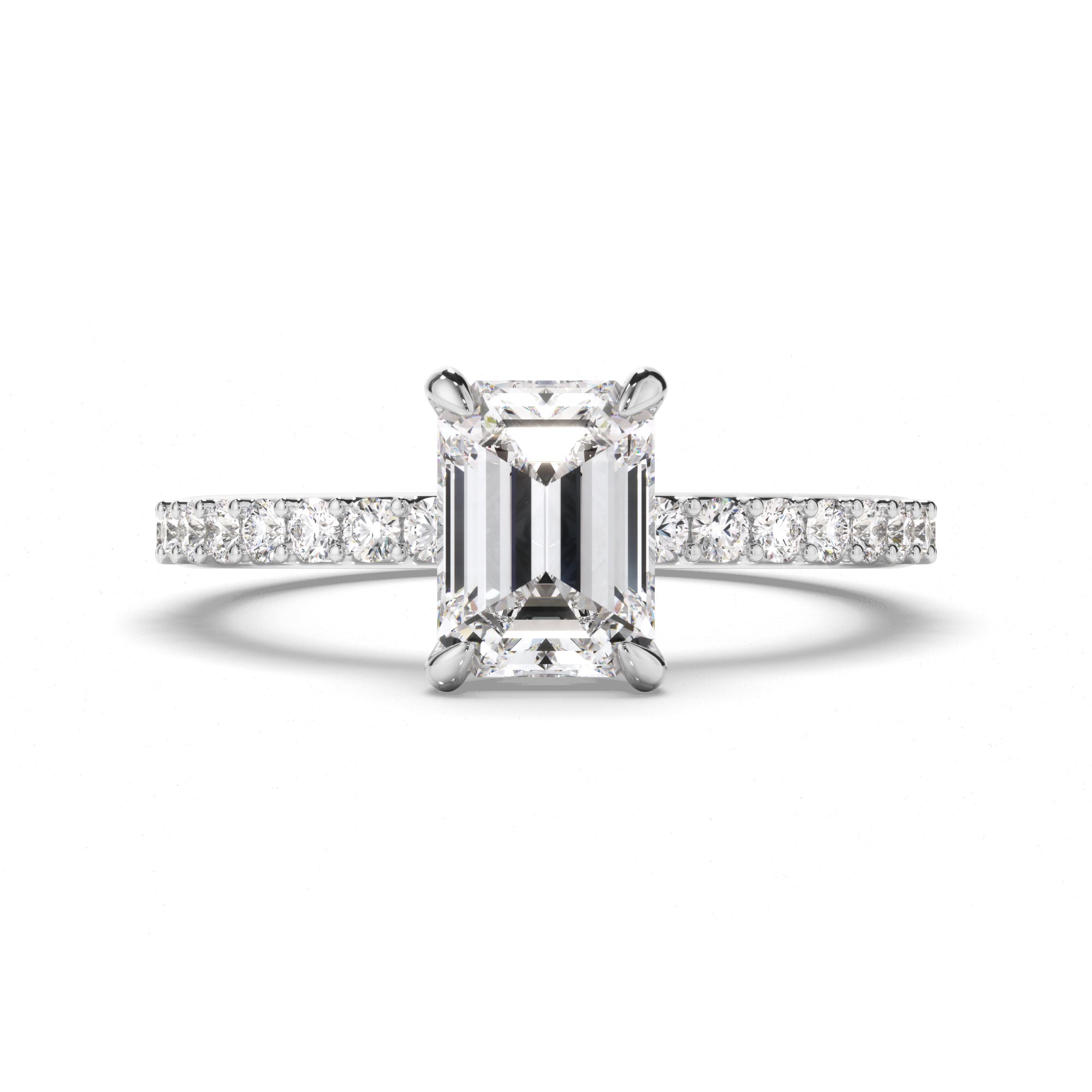 White gold Diamond ring with emerald-cut center stone and smaller diamonds on a white background