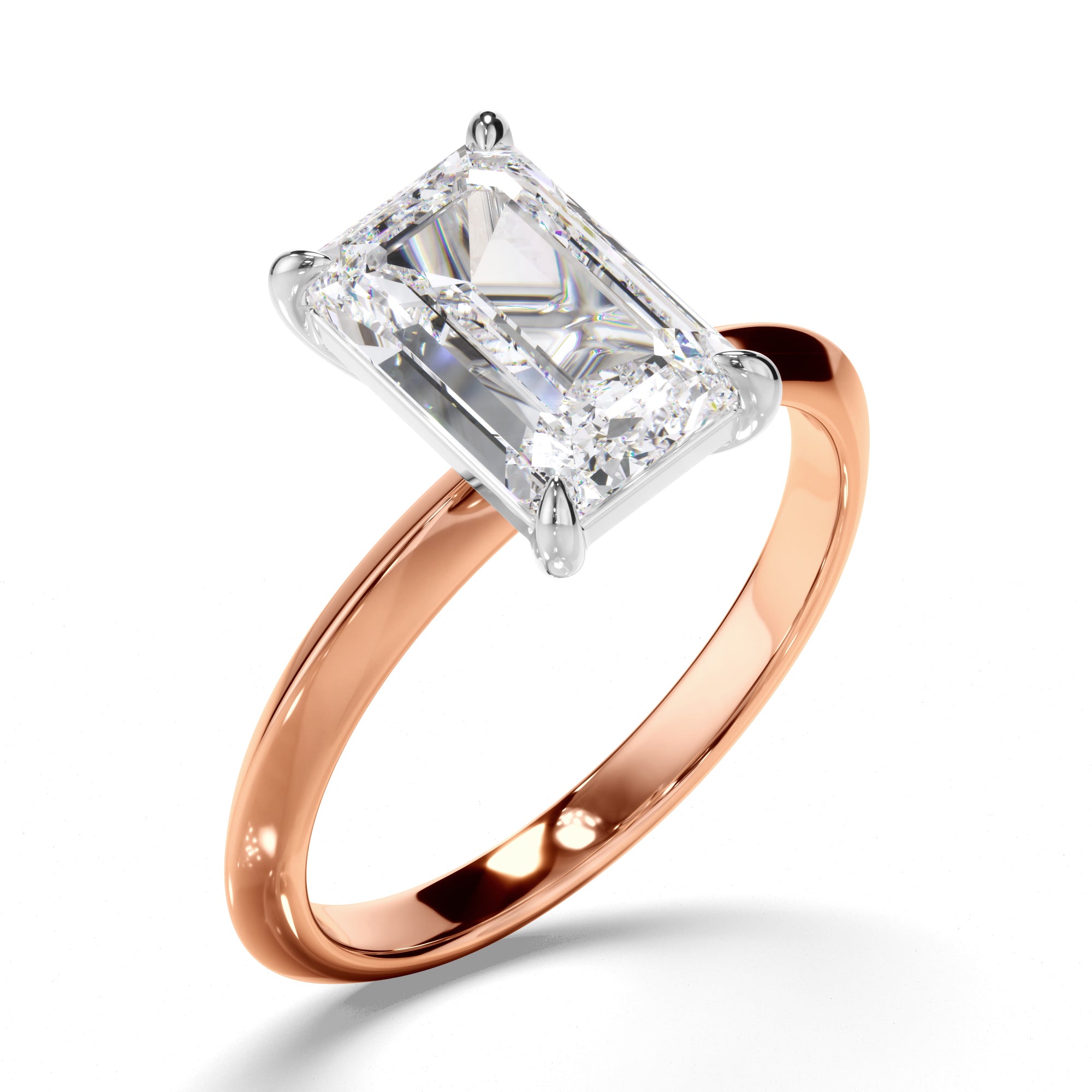 Rose gold ring with a large diamond on a white background