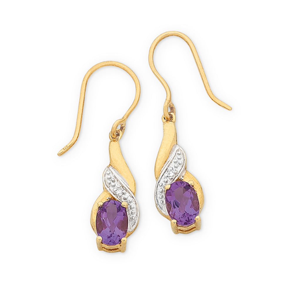 9Ct Gold Amethyst & Diamond Set Earrings
