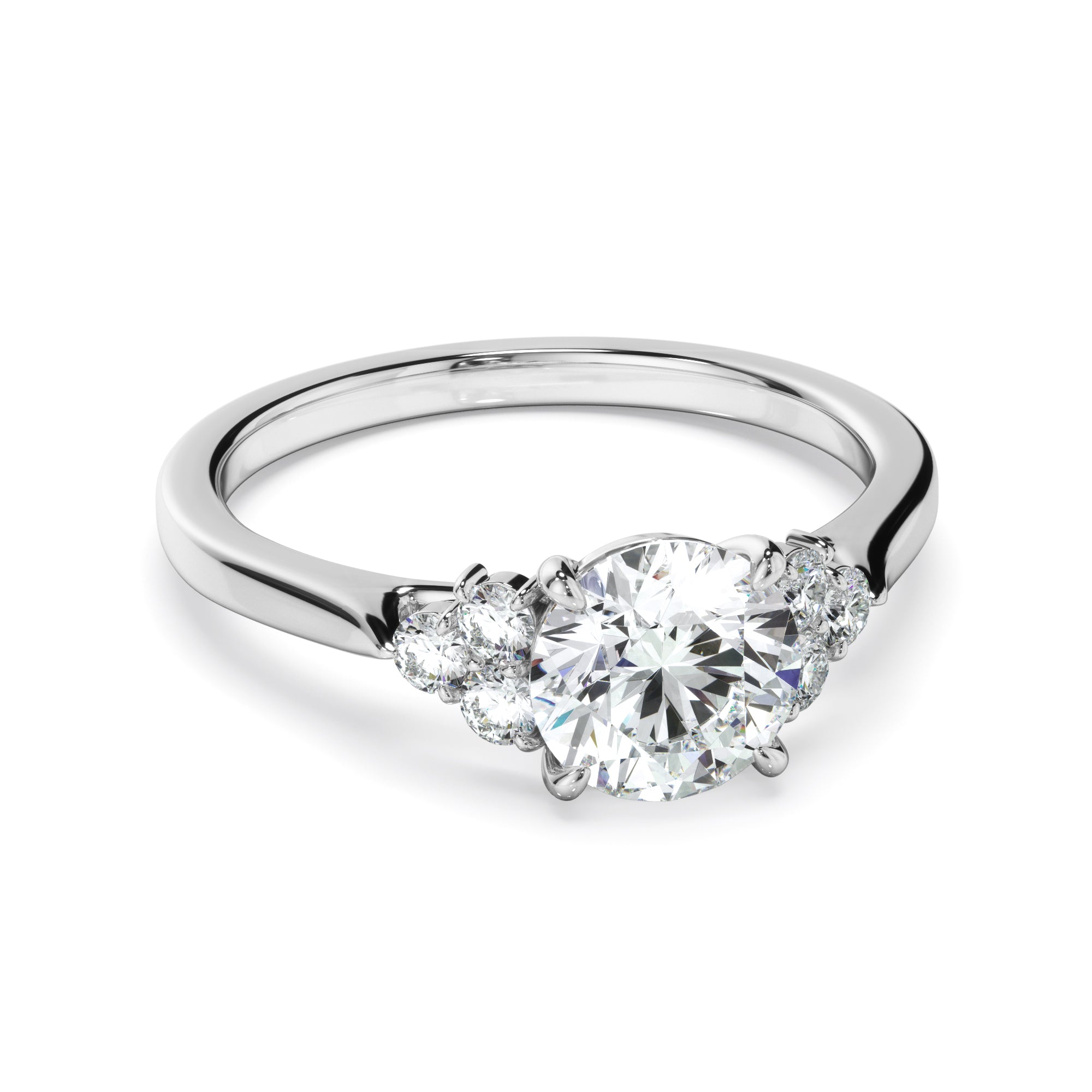 Luna - Round Brilliant Cut Diamond Engagement Ring With Diamond Cluster Sides
