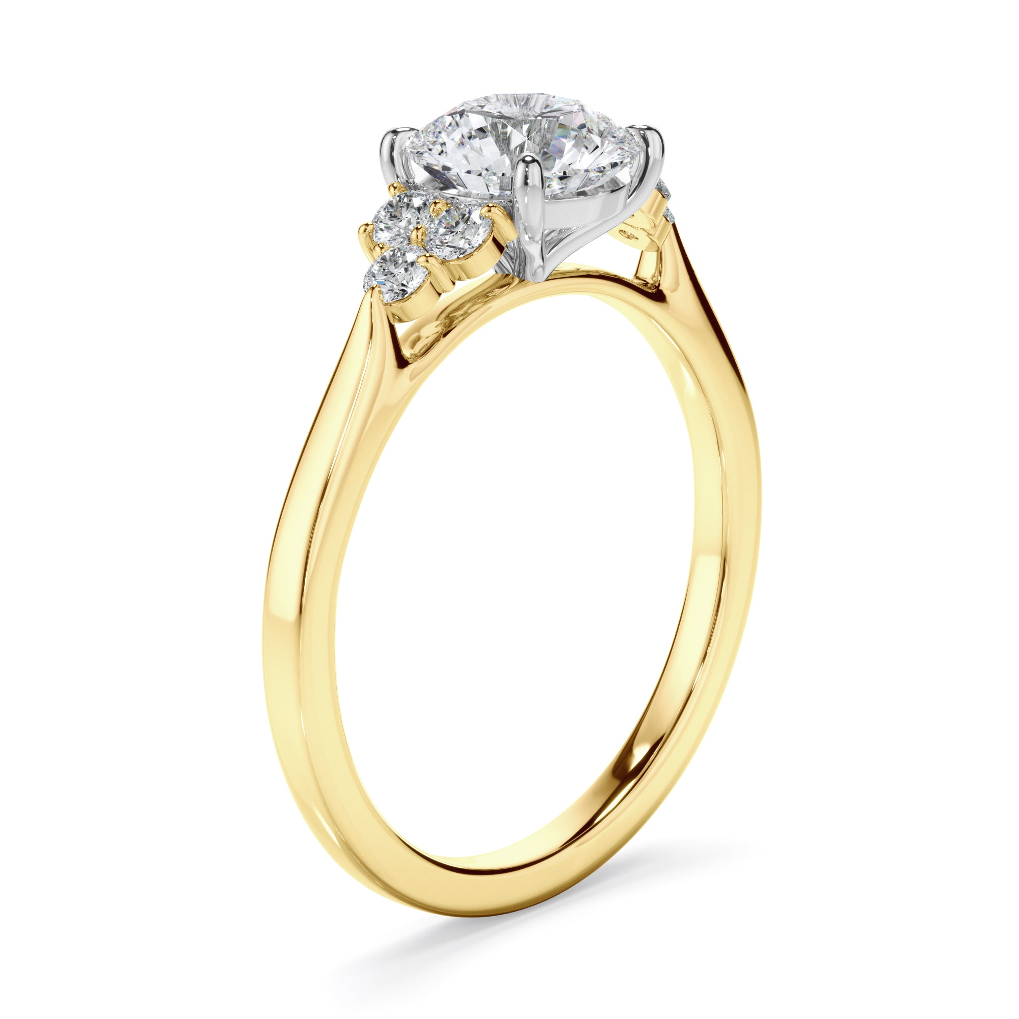 Luna - Round Brilliant Cut Diamond Engagement Ring With Diamond Cluster Sides