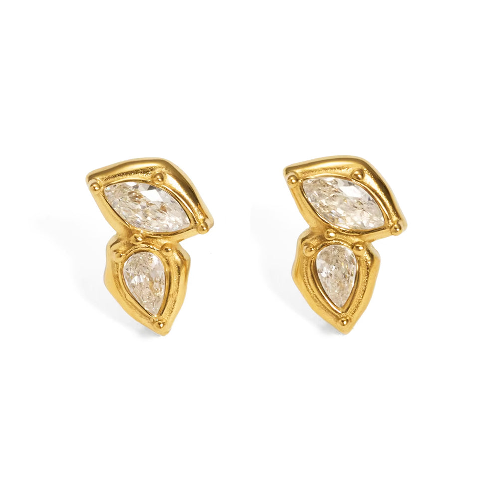 18ct Gold Plated Bezel Set Marquise and Pear CZ Stud Earrings