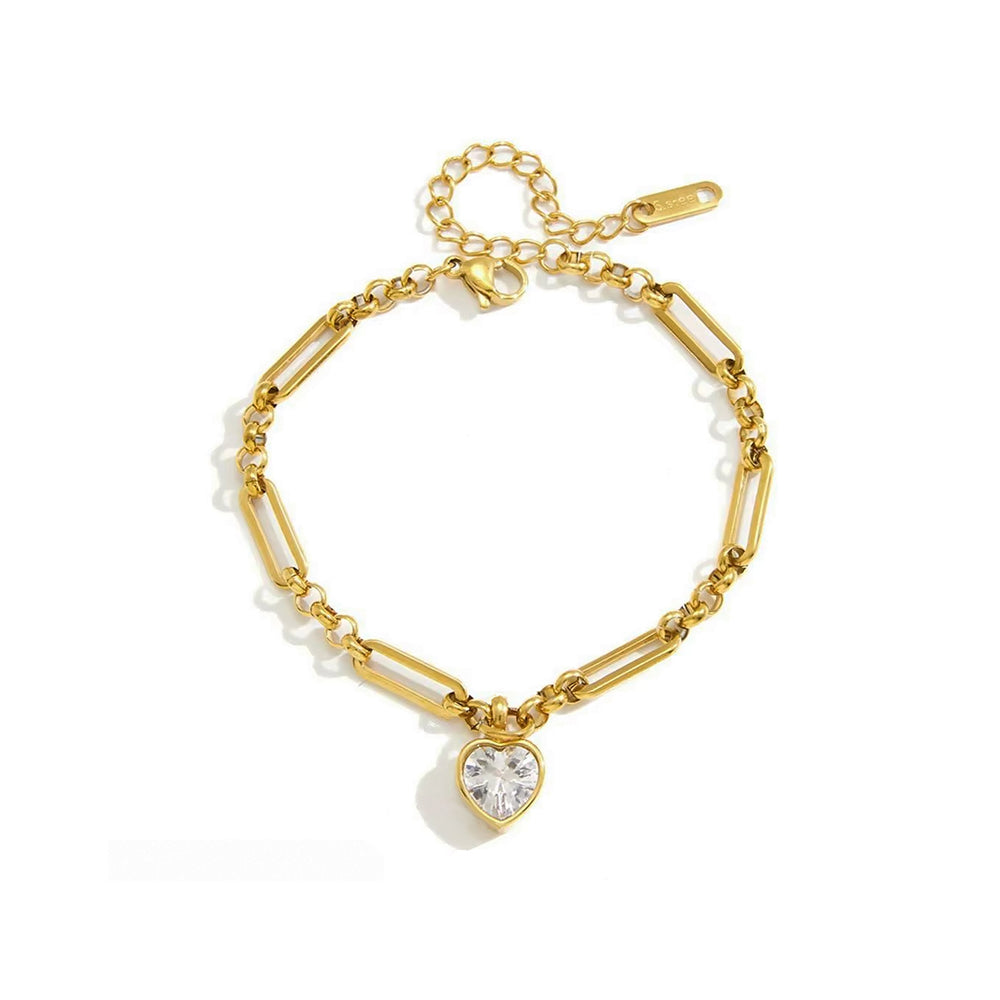 18ct Gold Plated Chain Bracelet with Heart CZ Charm