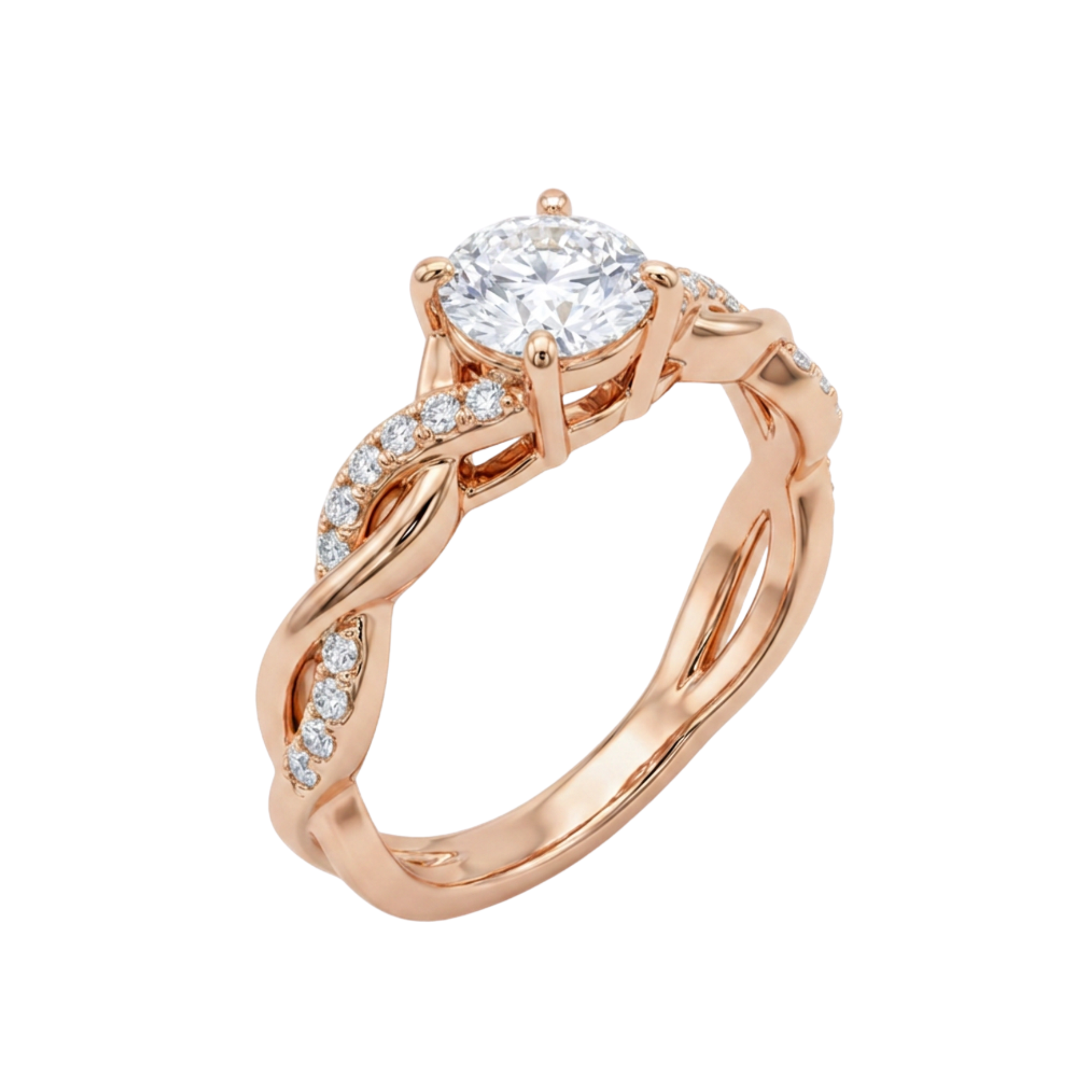 Ella 18ct Rose Gold Round Diamond Engagement Ring with Twist Diamond Shoulders (Size O)