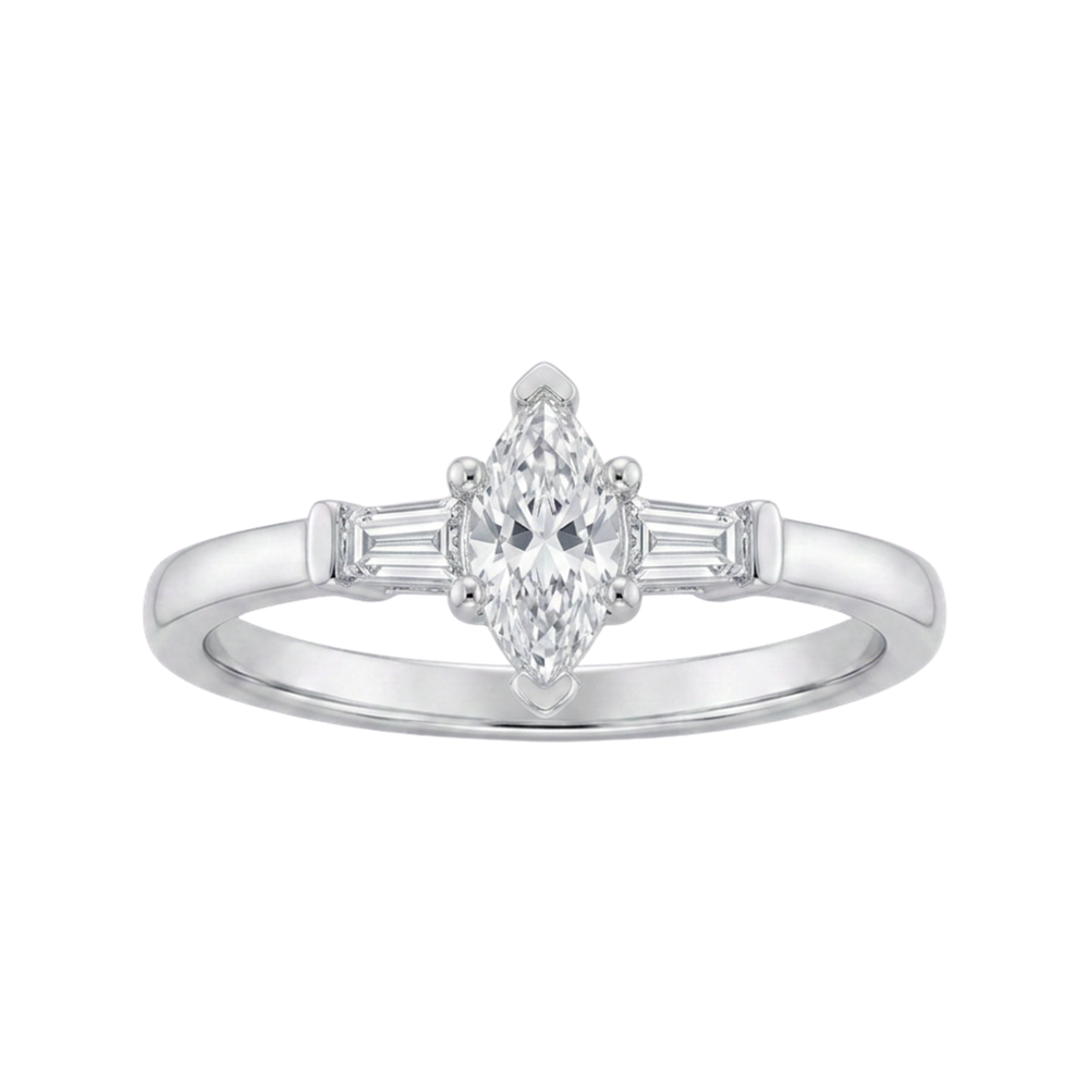 Ingrid Platinum Marquise Diamond Engagement Ring with Baguette Diamonds side stones (Size M)